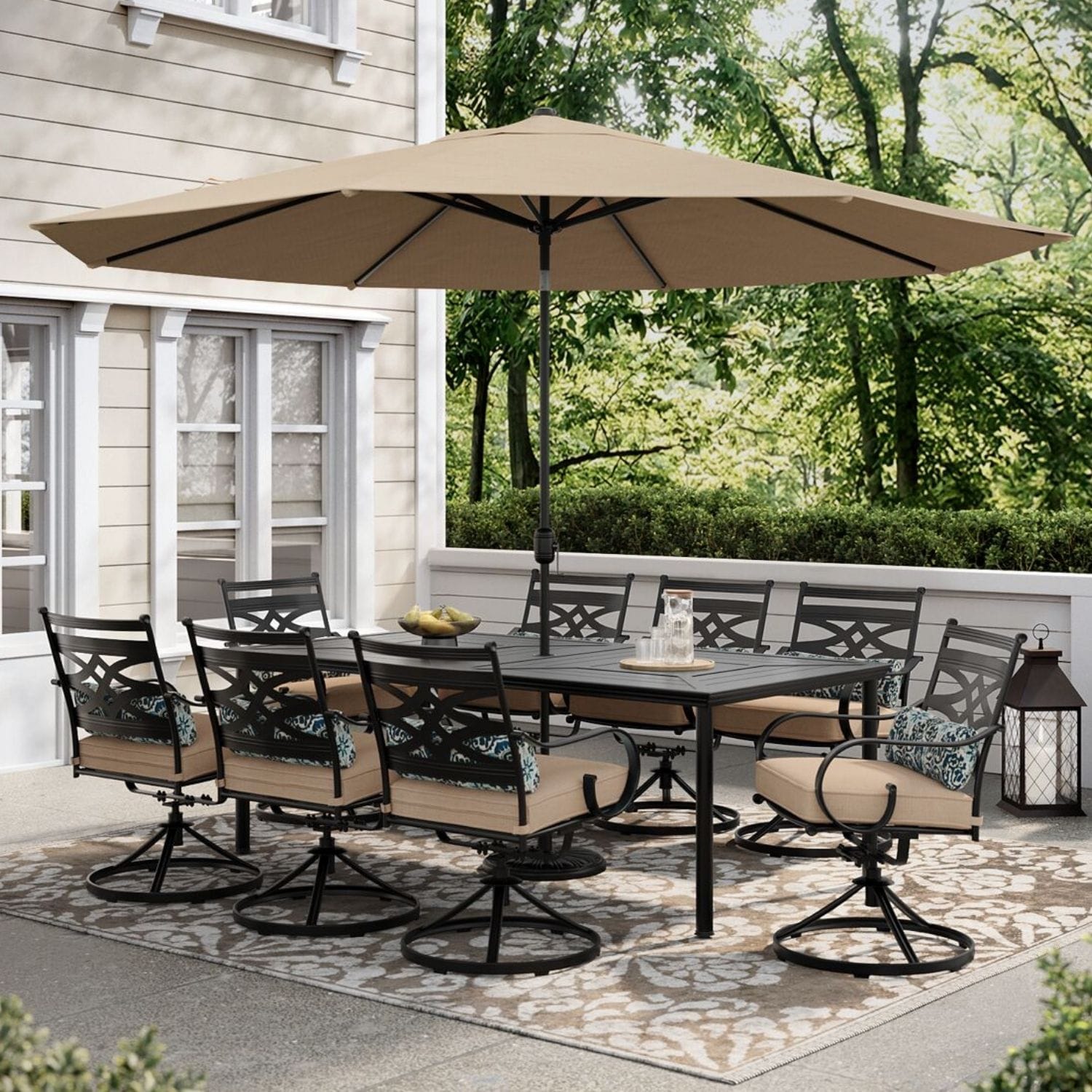 Hanover MCLRDN9PCSW8-SU-T Montclair 10 -Piece Dark Brown Patio Dining Set Steel Rectangle Table with 8 Tan Cushions Swivel Rocker Chairs and Umbrella Included