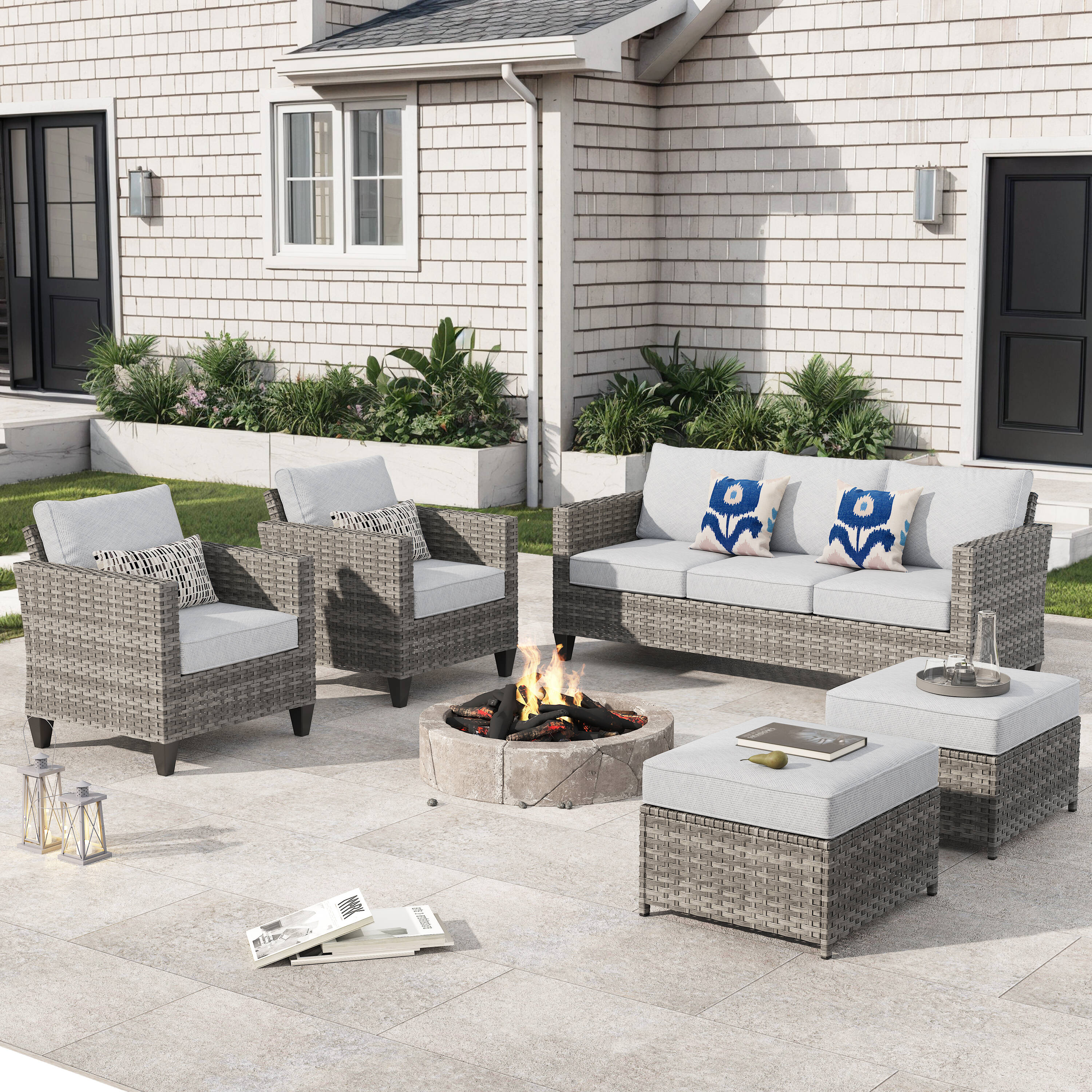 Pouuin SGR705 5 -Piece Wicker Patio Sofa Conversation Set with Gray Cushions