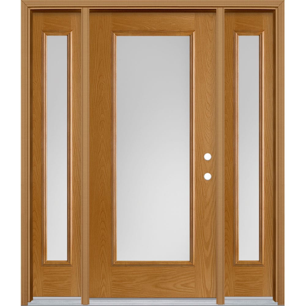 Masonite 629125 64-in x 80-in x 4-9/16-in Fiberglass Full lite Left-hand inswing Oakcrest Stained Prehung Front Door with Sidelights with Brickmould Insulating core