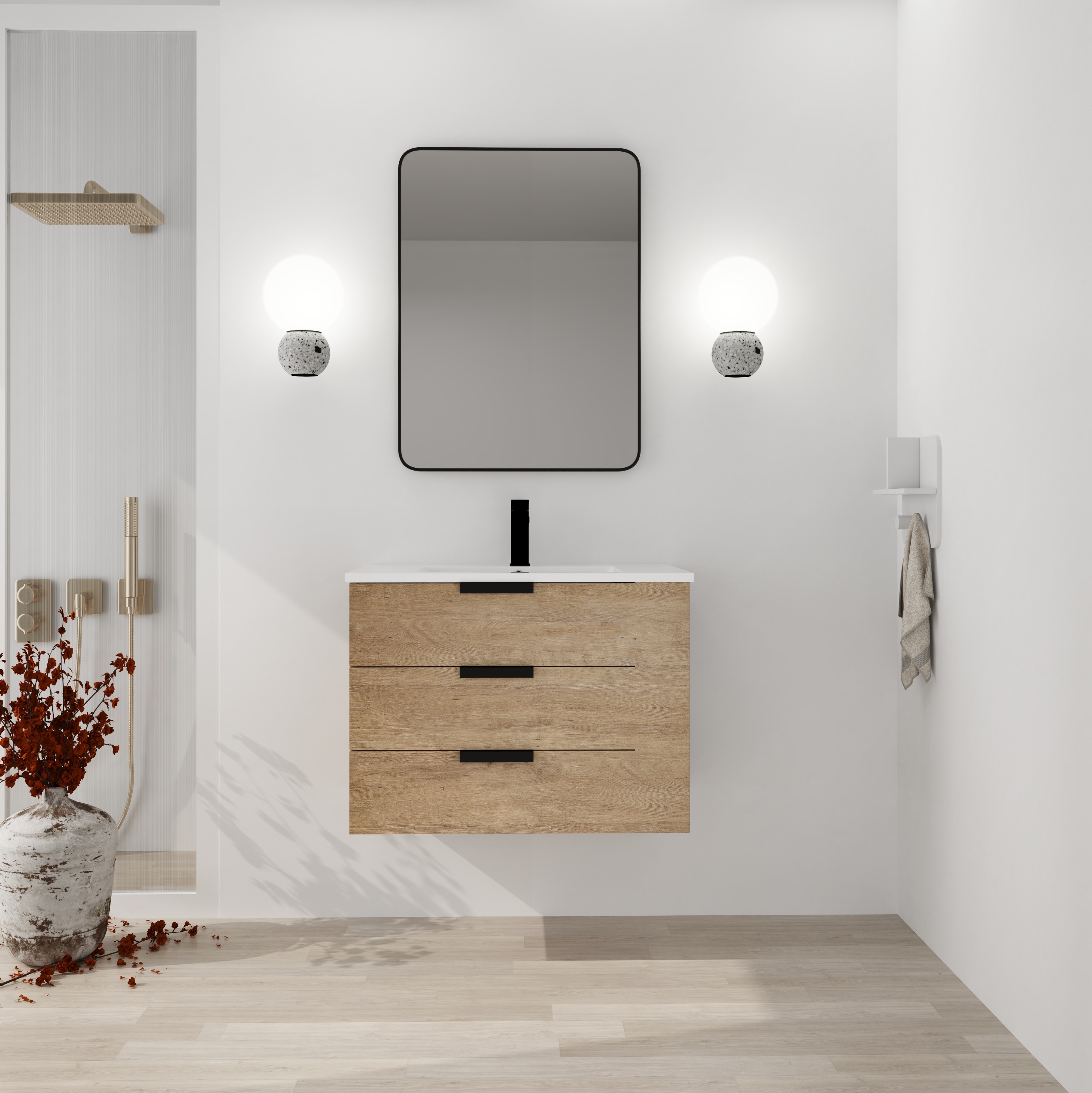 Tatayosi DJ-999S00086 30 Inch Wall Mounting Bathroom Vanity with Sink Soft Close Drawer and Side Shelf