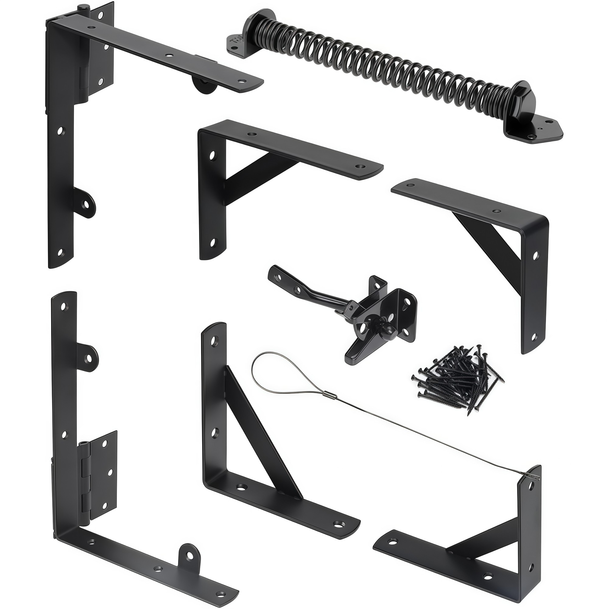 Numhew 11.27in L 9.37in W 2.2in H 1-Set Black Anti Sag Corner Bracket Self Closing Spring Latch Wooden Fence Gate Hardware Kit #NHWILL09879
