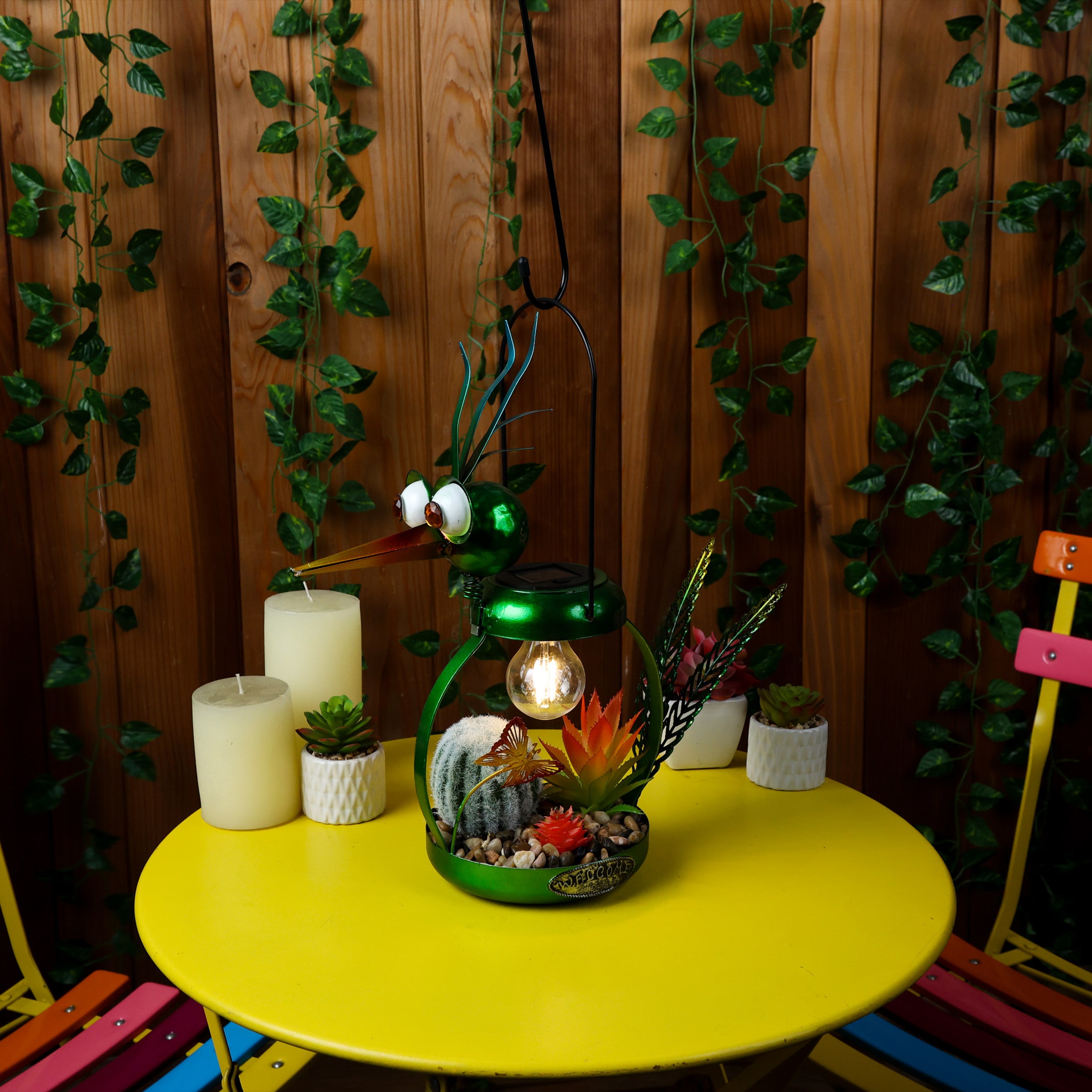 Whimsical Green Metal Heron with Solar LED Light