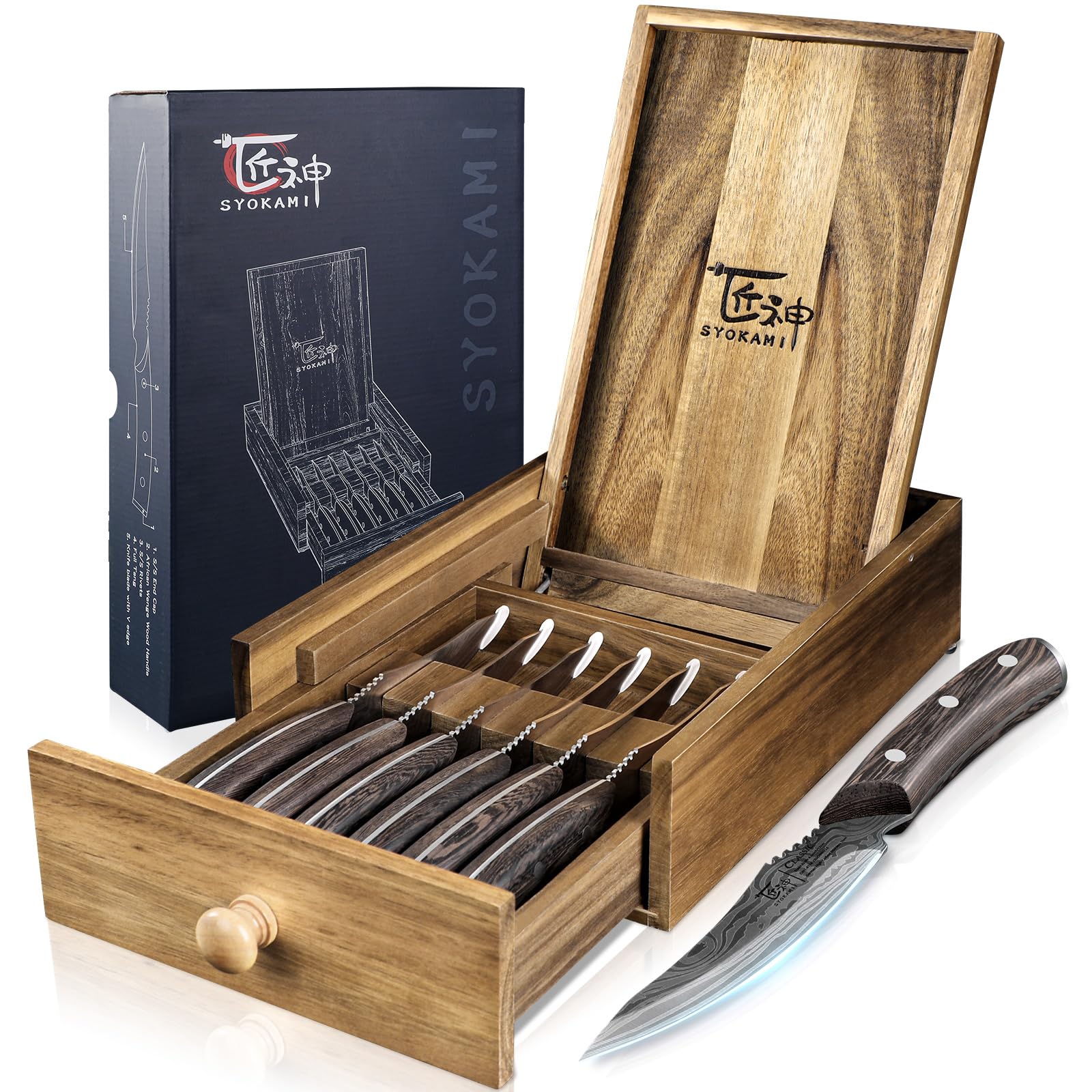 LILILIAN FMY  Steak Knives Set of Six with Drawer Organizer High Carbon Japanese Style Non Serrated Meat Knives with Wood Handles