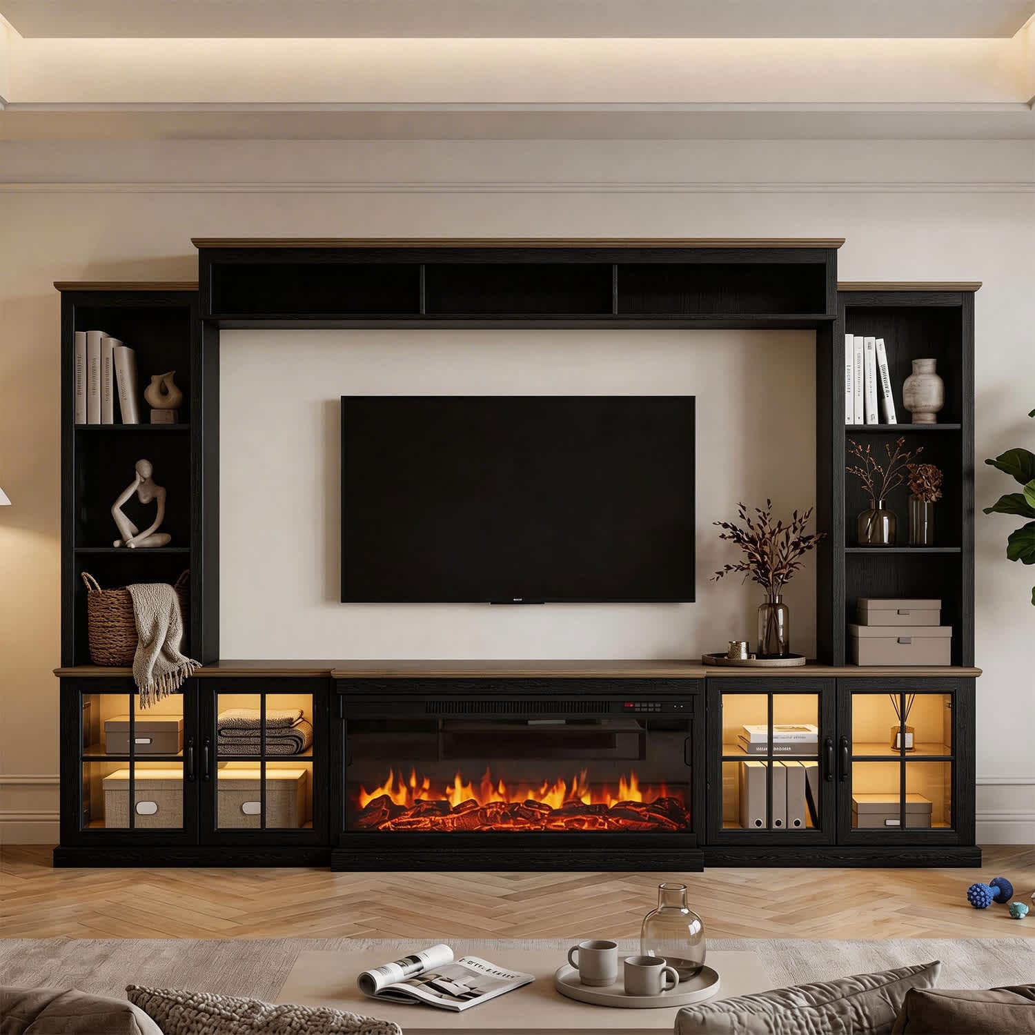 Sunmthink  98in Farmhouse TV Stand with 36 Electric Fireplace Bookshelves Fits 75in TVs Entertainment Center with Storage Cabinet Black