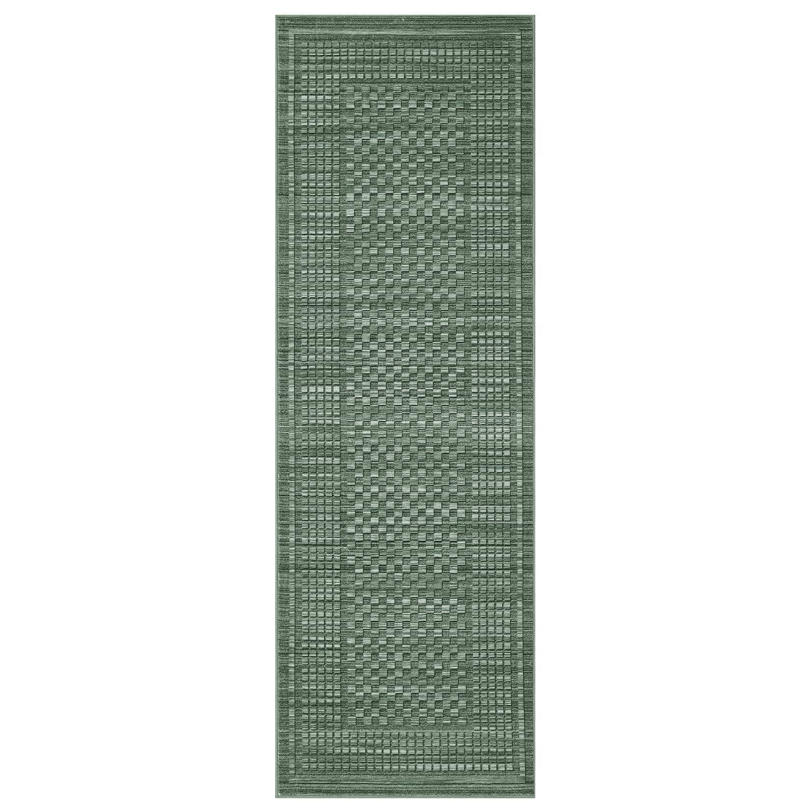 Qeetex SUNNY-PHK-353KSD5U 2 x 8 ft Polyester Green Rectangular Kitchen Hallway Laundry Bathroom Geometric Bordered Modern Machine Washable Runner Rug