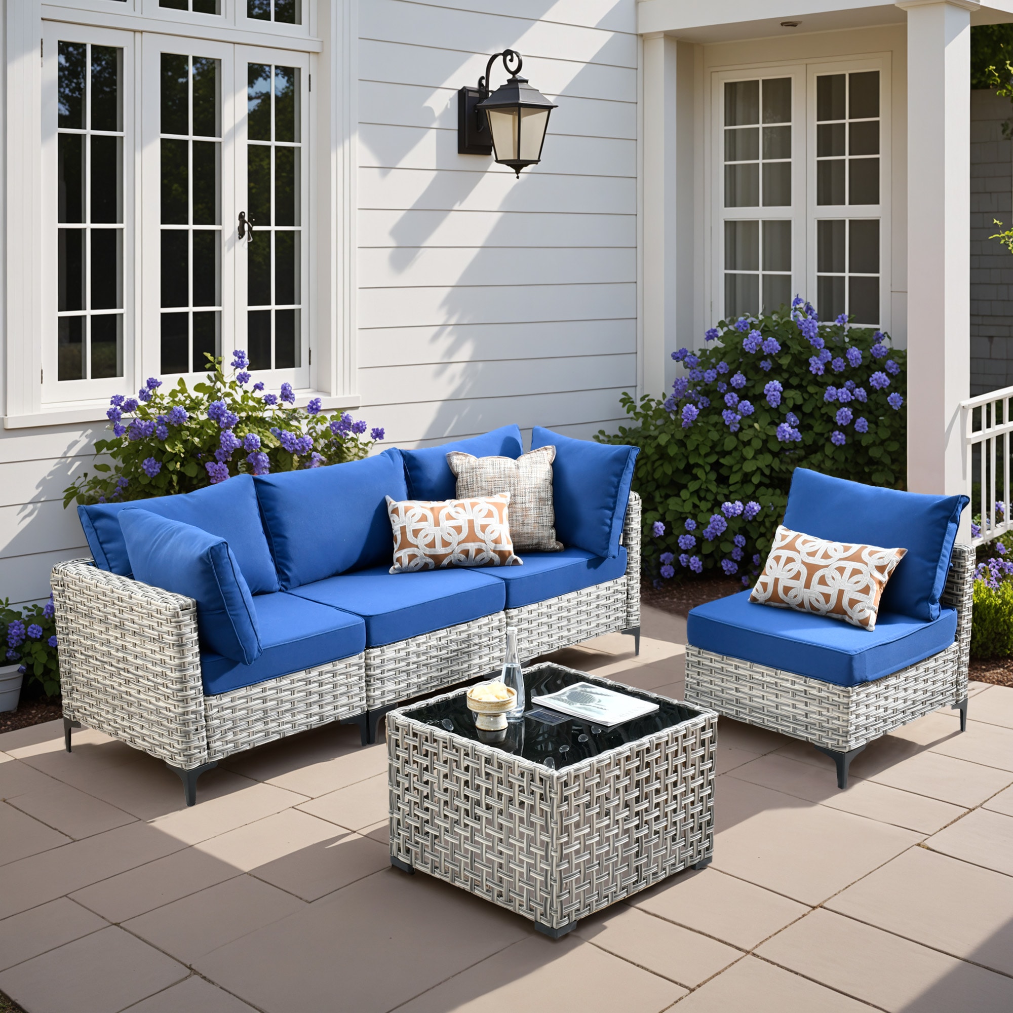 ALTRIGUS 6L-SKT705-AL 5 -Piece Wicker Patio Sofa Conversation Set with Navy Cushions