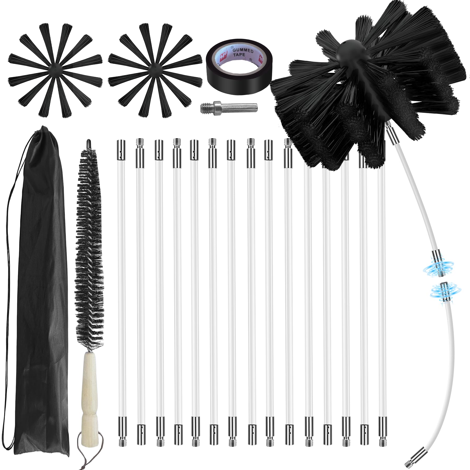 Adrinfly 20 Feet Chimney Sweep Kit 8 Inch Brush Head Dryer Vent Cleaner Kit Rotary Chimney Cleaning System with 15 Nylon Flexible Rods #LAD0807D021