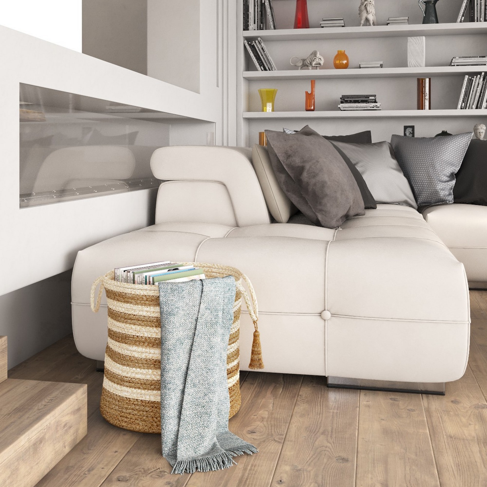 Handmade Striped Natural Jute Round Storage Basket with Handles