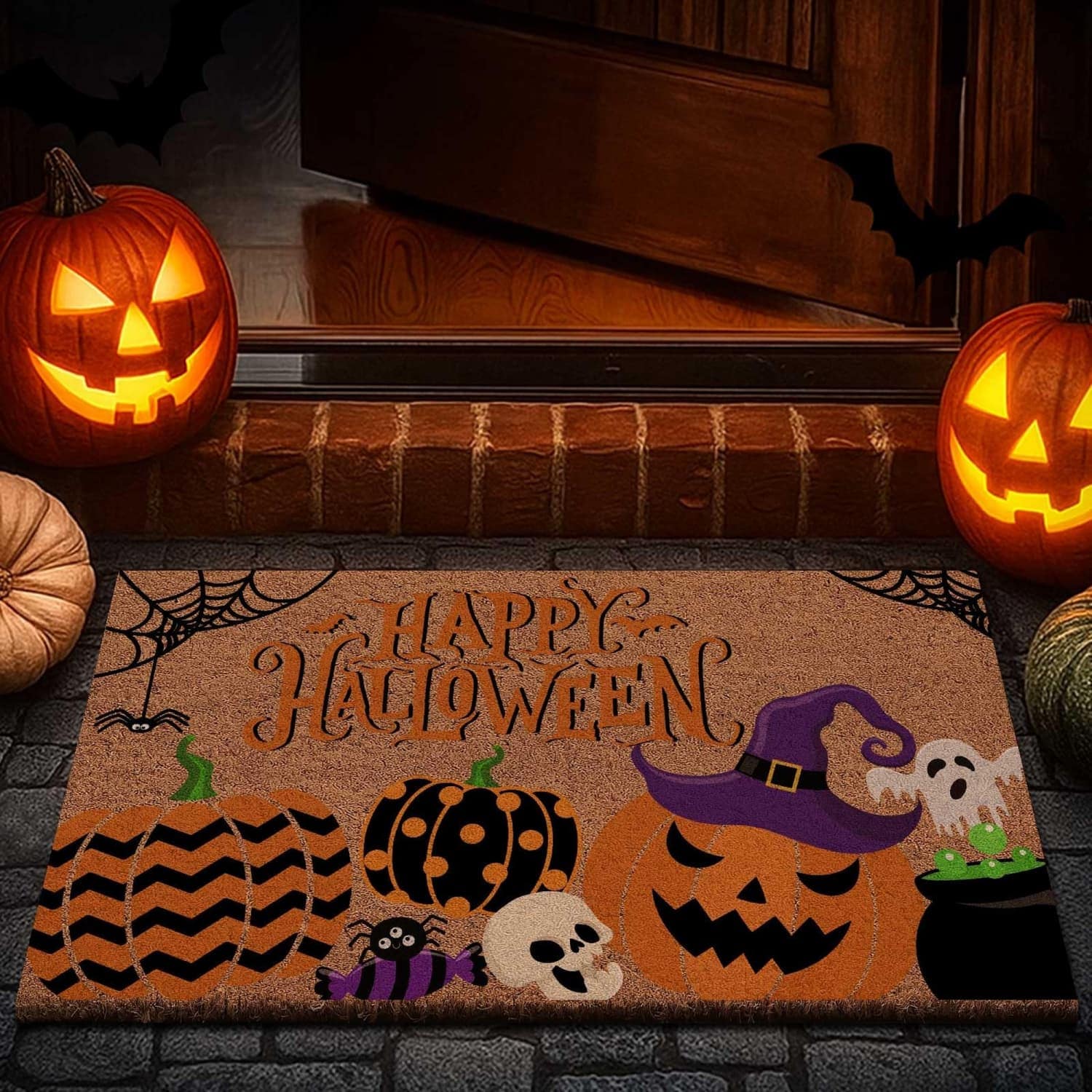 Angel Sar 30-in x 17-in Halloween Natural Coir Door Mat with Rugged Rubber Backing for Halloween Decor