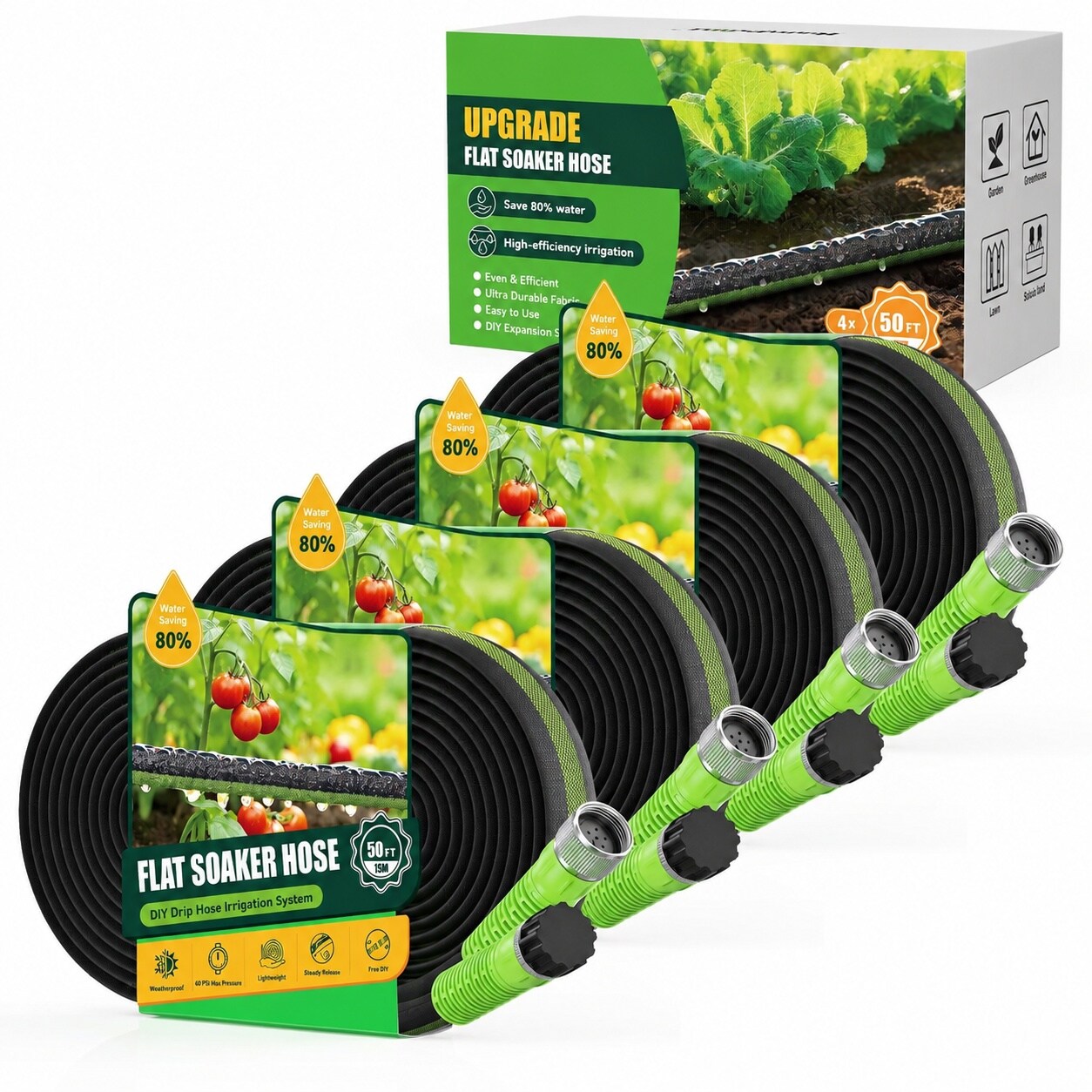 Justincity  200FT Flat Soaker Hose for Garden 50FT by 4 Pack Flexible Leakproof Drip Hose with Anodized Aluminum Fittings Double Layer Water