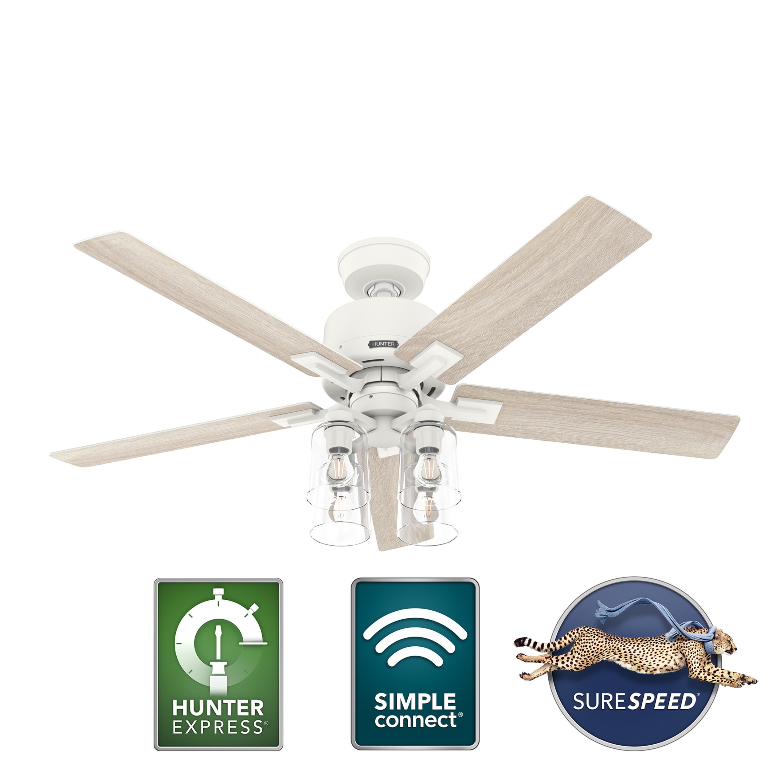 Hunter Techne HunterExpress Easy Install 52-in Matte Black with Wood Look Blades LED Indoor Smart Ceiling Fan with Light and Remote (5-Blade) 52311 Sansujyuku sansujyuku.com