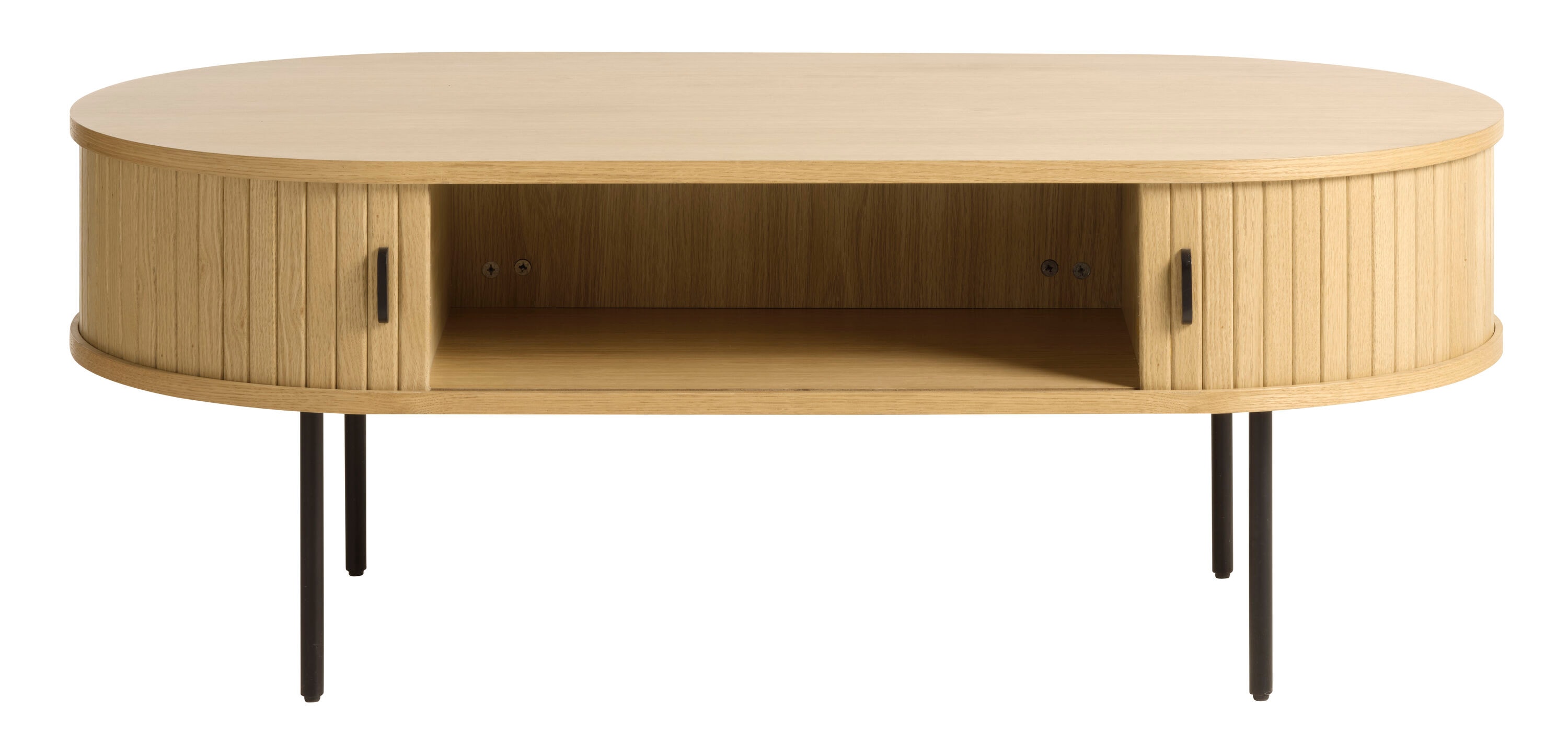Natural Oak Oval Coffee Table with Black Metal Legs and Storage
