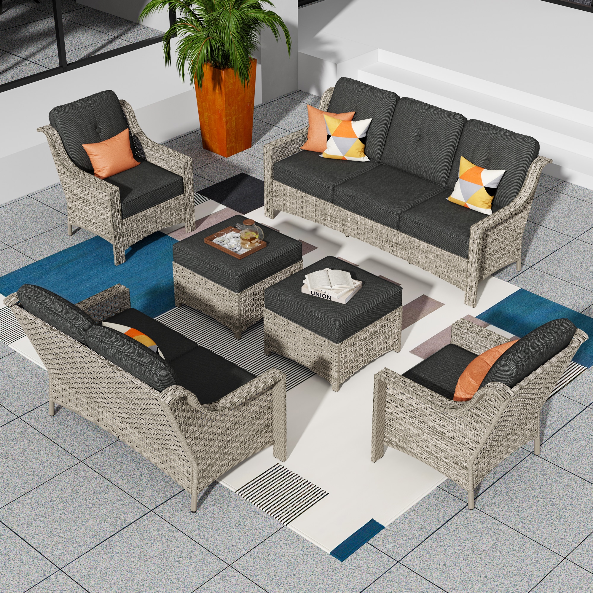 XIZZI XIPADF1164 6 -Piece Rattan Patio Sofa Conversation Set with Black Cushions
