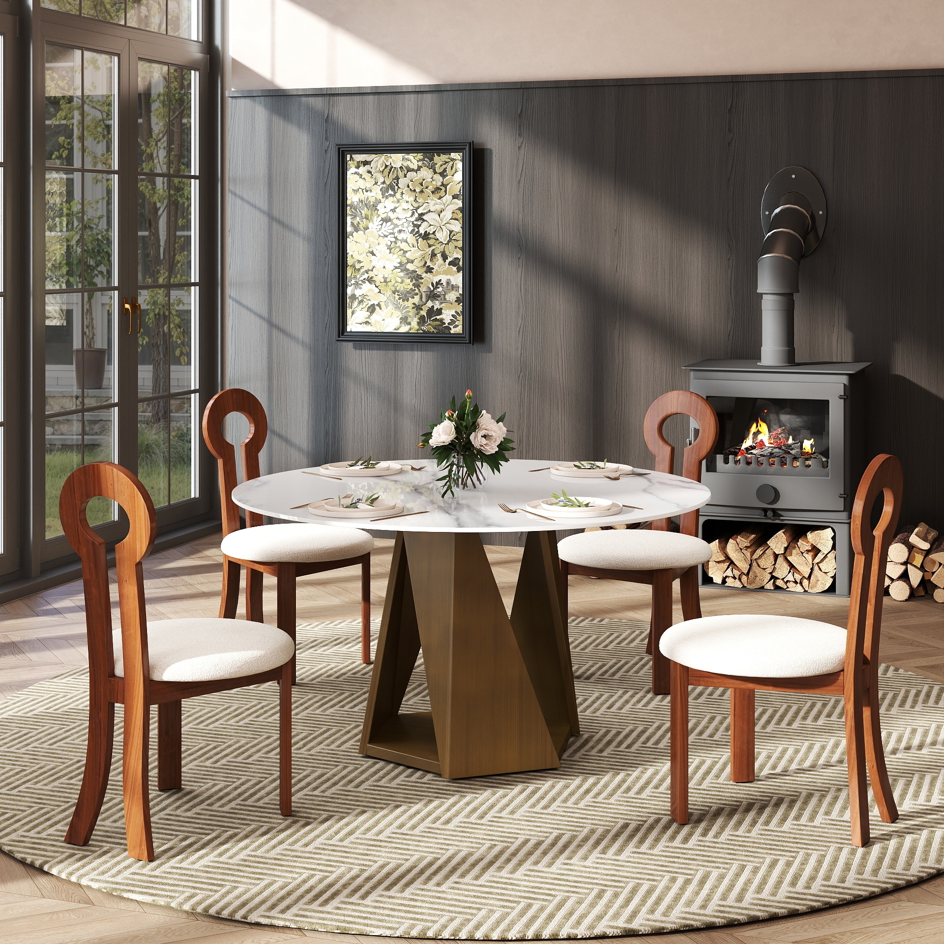 BuotiqHom DH-AT-135W-9C 53 in. White Round Farmhouse Dining Table, Ceramic with Primed Metal Pedestal Base 53-in L x 29.5-in H