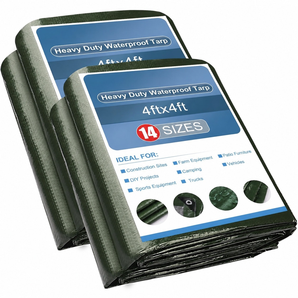ITOPFOX  Poly Tarp Waterproof Green 4x4 Ft 2 pack Heavy Duty 6Mil Thick Anti UV Weather Resistant Cover with Grommets for Outdoor Camping Pool