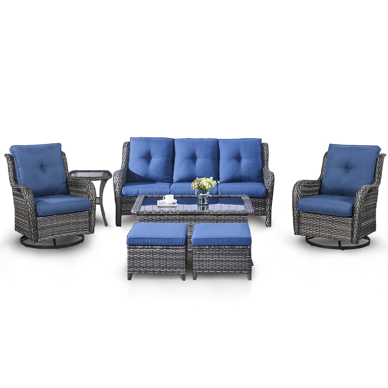 Rilyson FS015019026024016-1 Curved Handrail 7 -Piece Wicker Patio Sofa Conversation Set with Blue Cushions