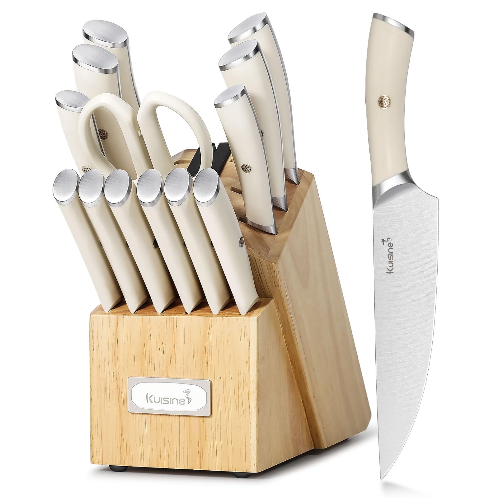 Aoibox  15 Piece High Carbon Stainless Steel Knife Block Set with Built In Sharpener Ivory for Home Use