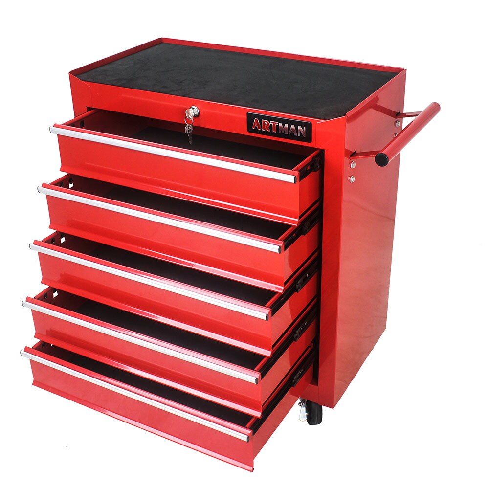 Goplus Tool Chest, 5-Drawer Rolling Tool Storage Cabinet with Detachable Top Tool Box, Black+Red