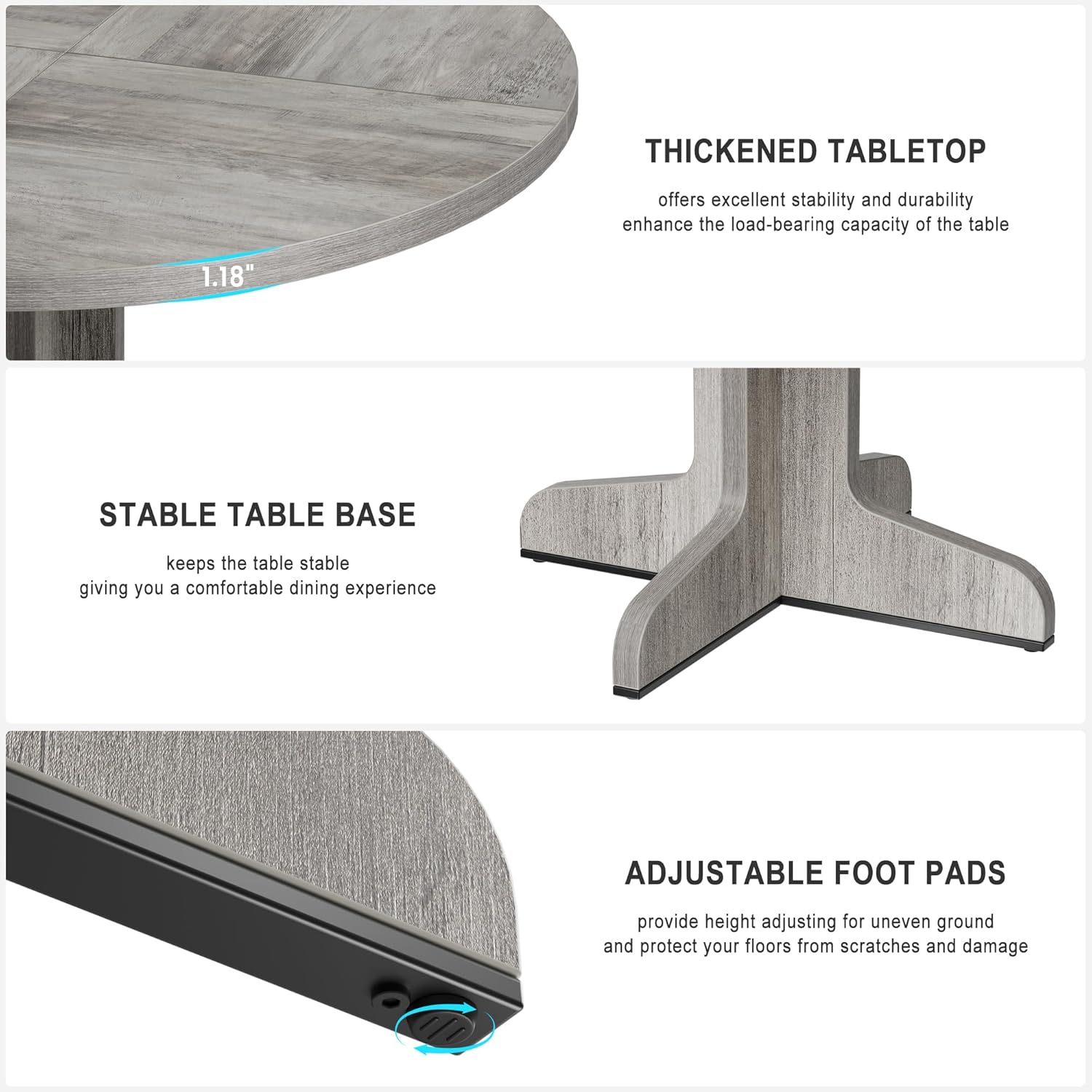 Qeetex DUKE-PHO-16AO0IUS Round Dining Table Wood Kitchen Table Dinning Room Tables for 4-6 People Dinner Table with Wooden Tabletop and Legs for Dining Room Living Room Grey 47In