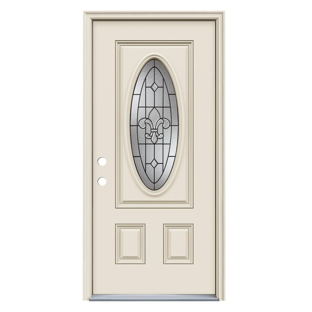 JELD-WEN LOWOLJW231200013 Nola 36-in x 80-in x 4-9/16-in Fiberglass Oval lite Right-hand inswing Primed White Prehung Front Door with Brickmould Insulating core