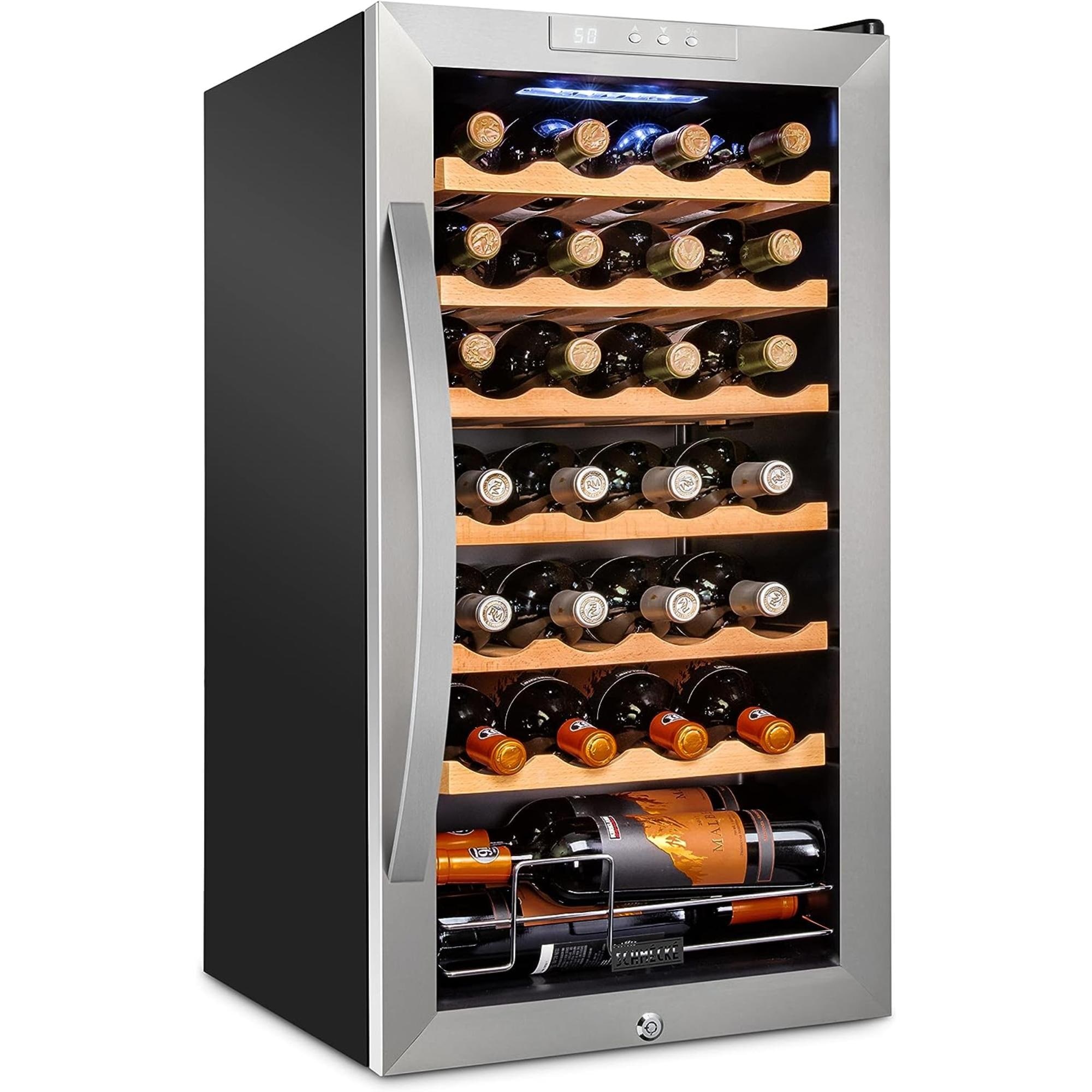 Schmecke - 28 Bottle Compressor Wine Refrigerator - Freestanding Wine Cooler with Lock - Stainles...