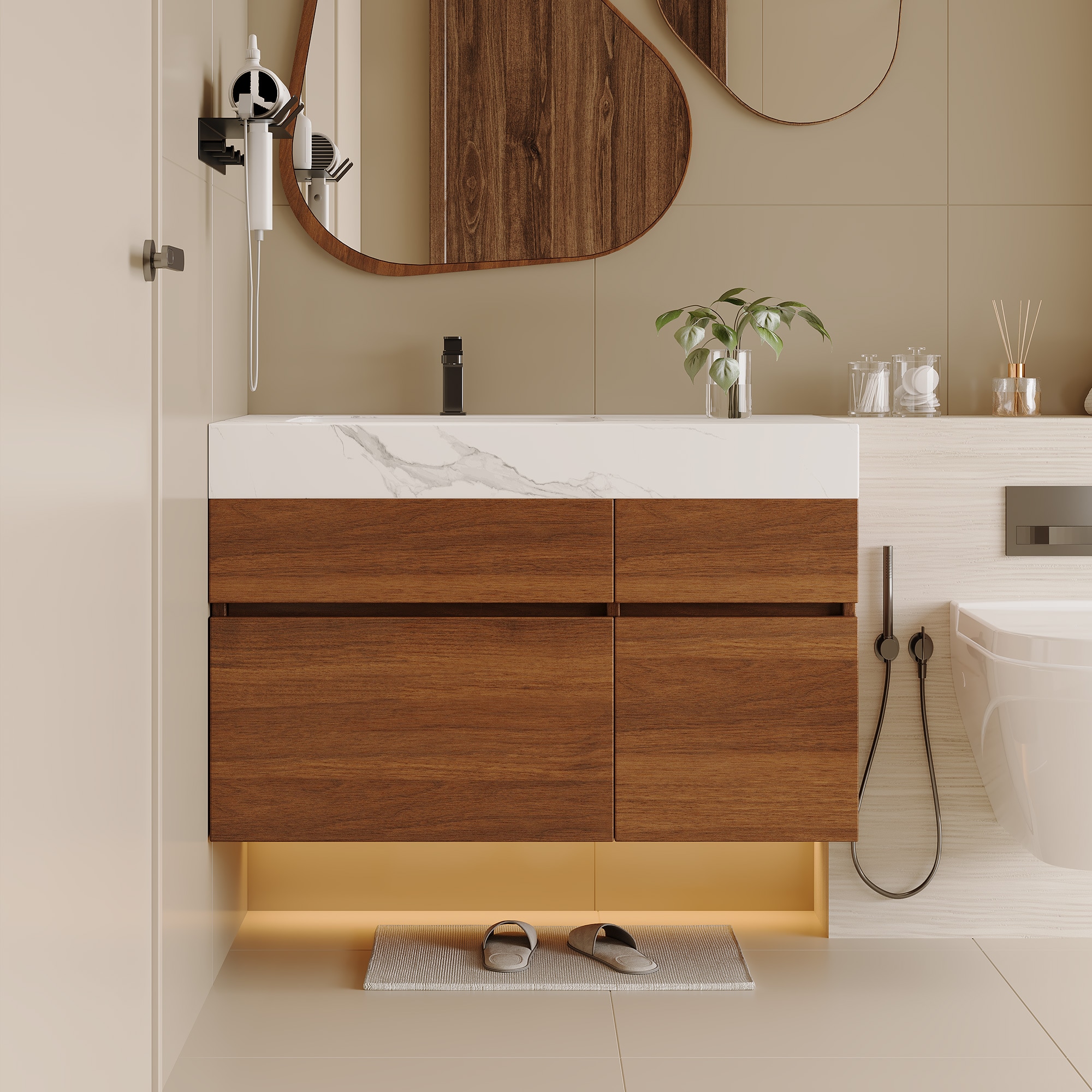 JUSHUA - 36 inch Walnut and White Floating Bathroom Vanity with Seamless Sintered Stone Top Ceram...