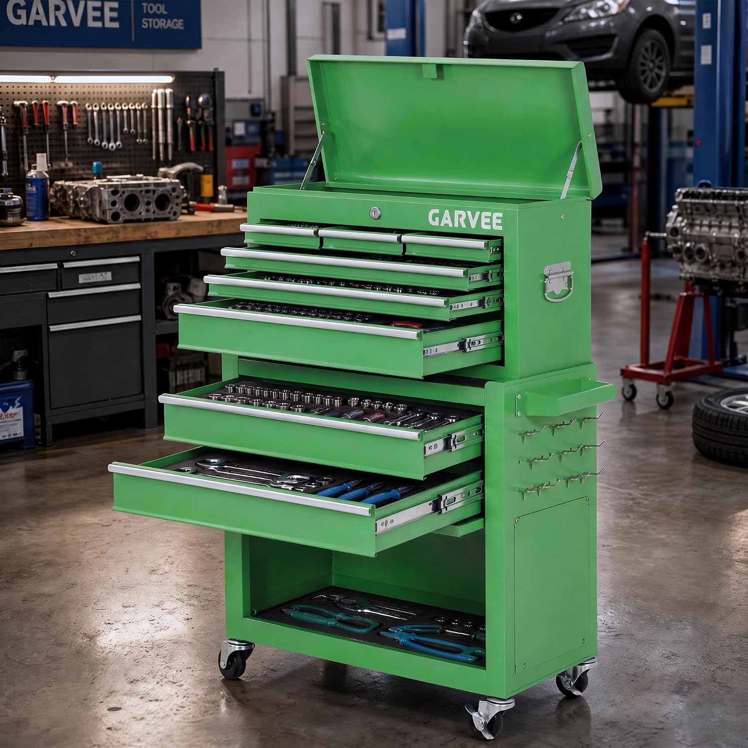 GAOMON 42-in H x 27-in W x 13-in D 8-Drawer Steel Tool Chest Combo Removable Top Chest and Rolling Cabinet Green