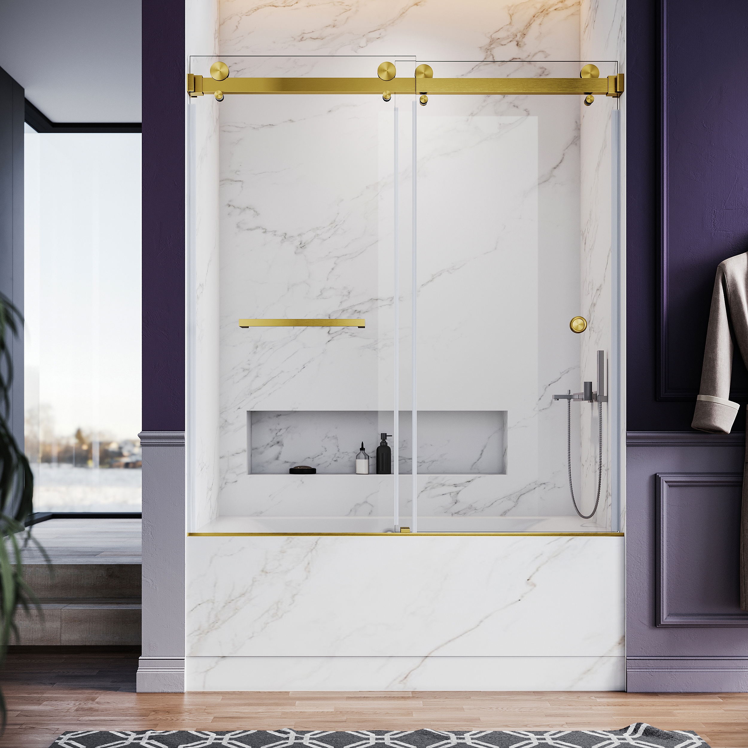 UNIKOO UKD01 61 to 65 in. W x 66 in. H Frameless Double Sliding Shower Door in Satin Brass with 3/8 in. (10mm) Clear Glass