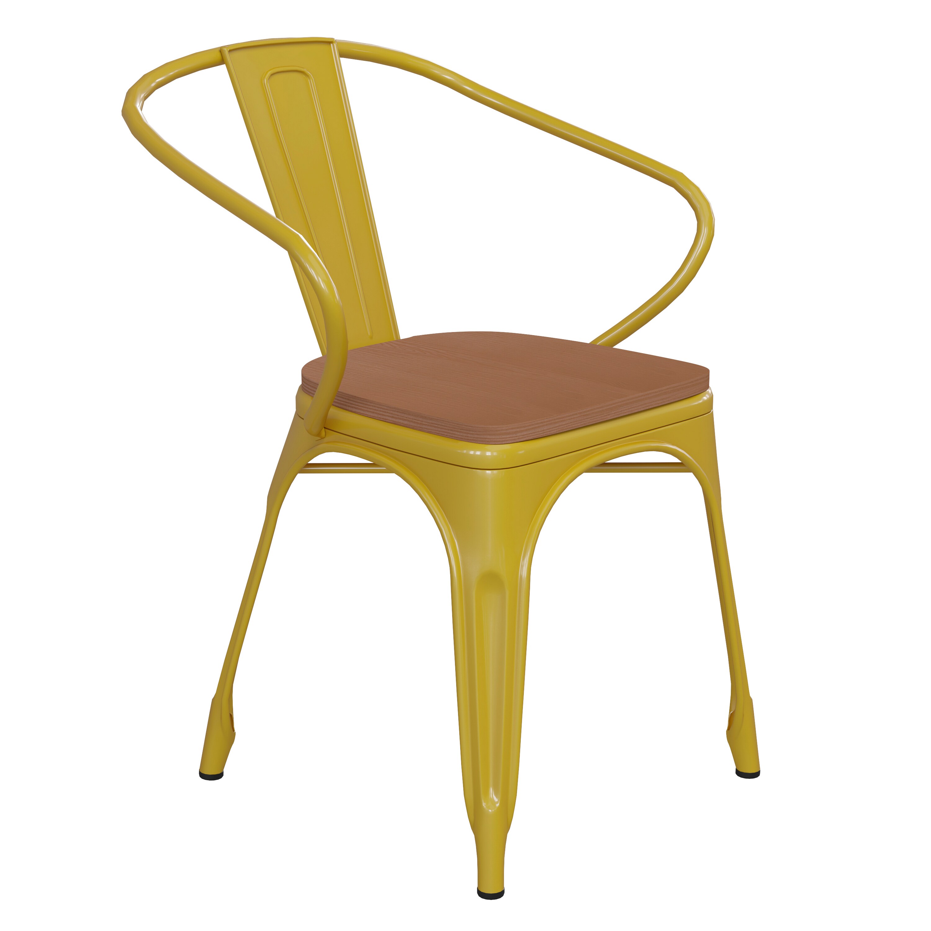 Flash Furniture 196861049200 Luna Commercial Grade Yellow Metal Indoor-Outdoor Chair with Arms with Teak Poly Resin Wood Seat