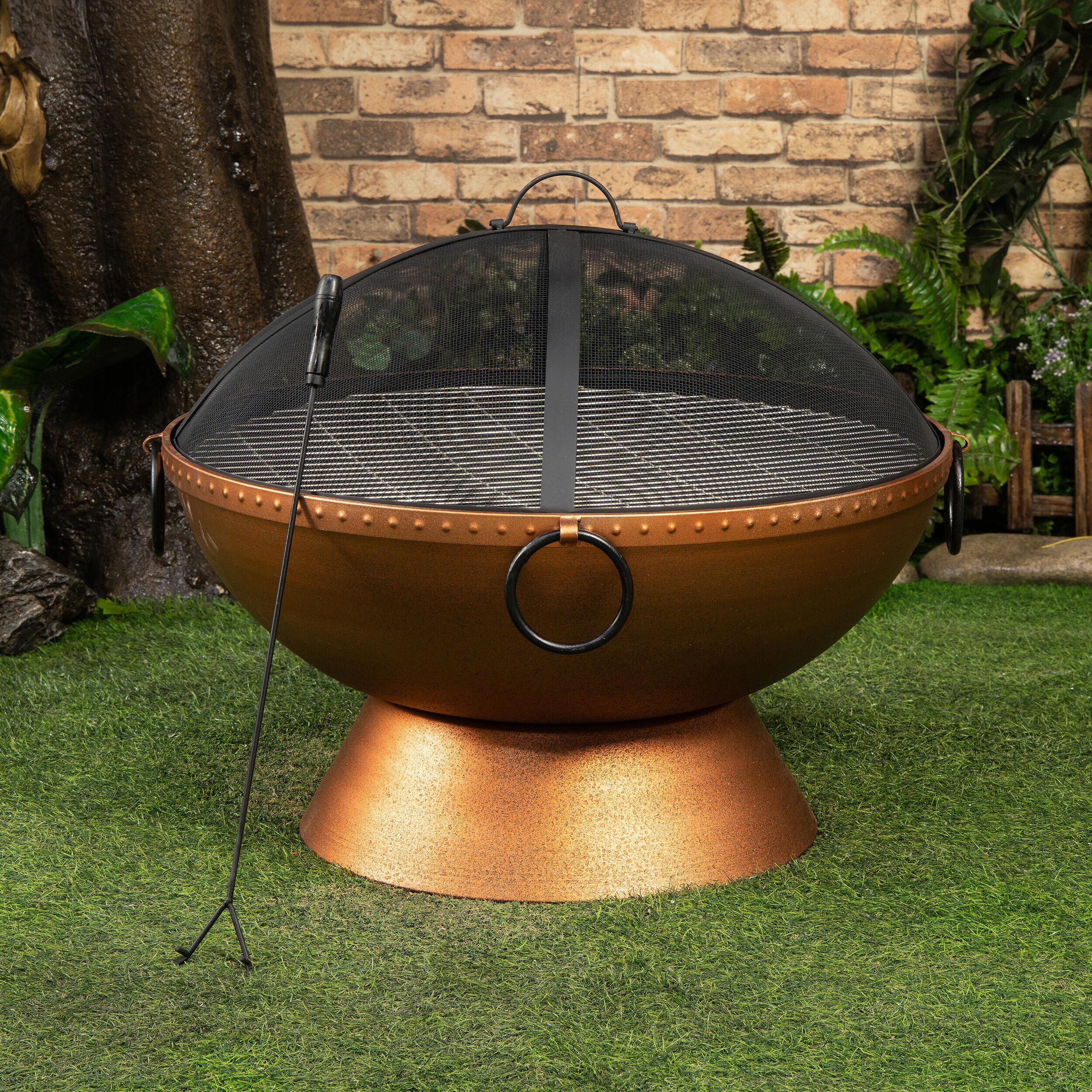 Bronze Round Steel Wood Burning Fire Pit with Spark Screen