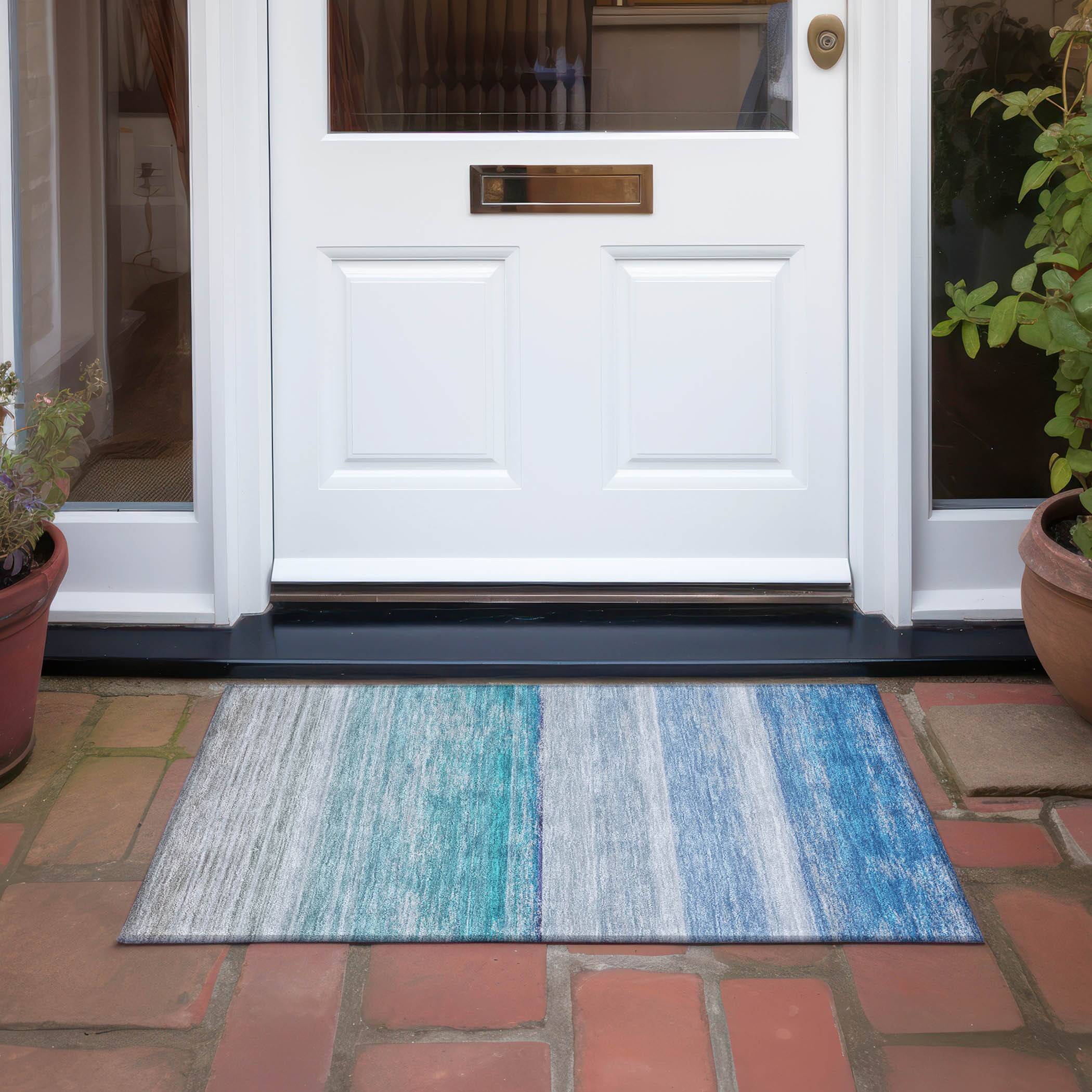 Sky Blue and Gray Rectangular Washable Synthetic Rug