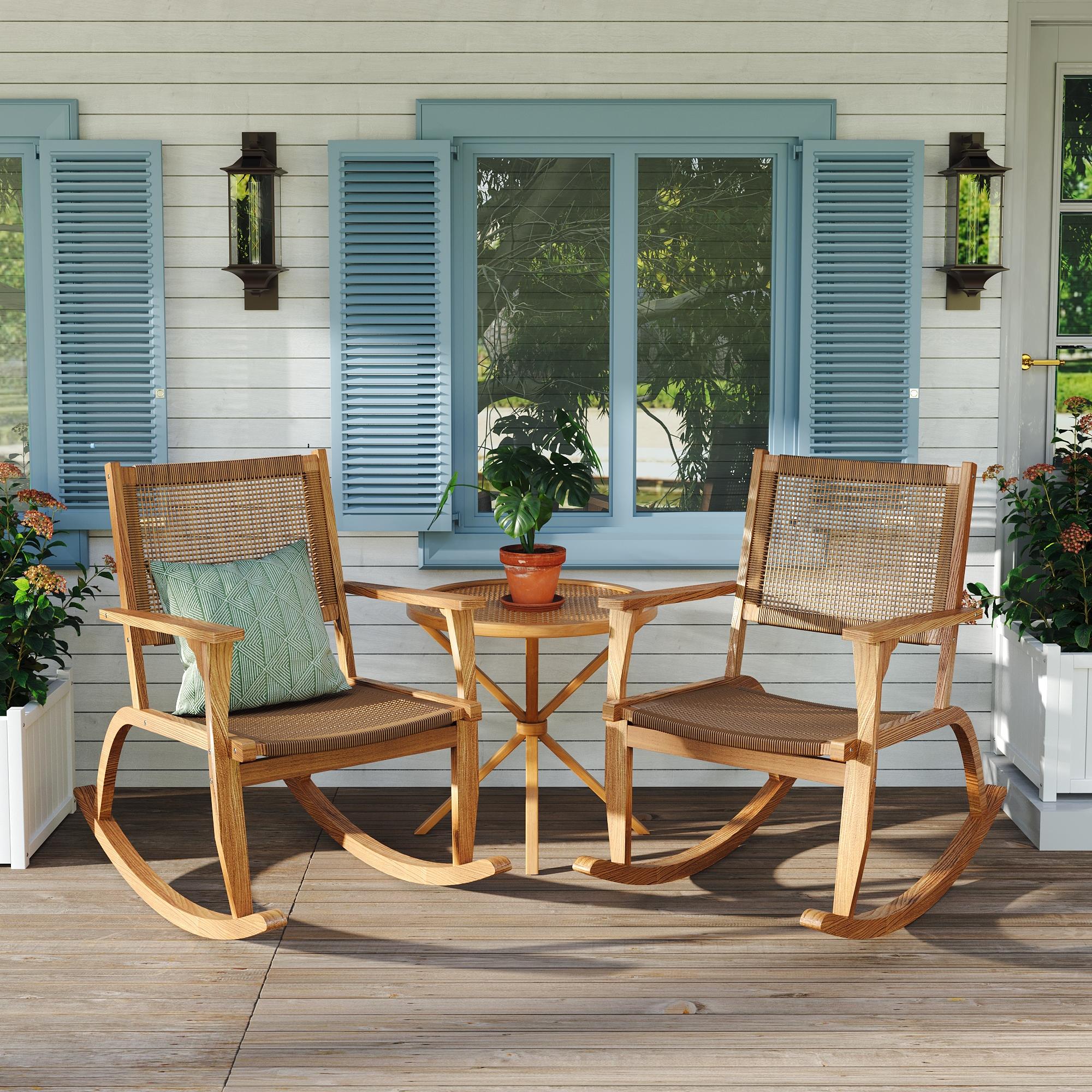 EXTRAUP YHLUSAM-MAWP002 AC Milan Patio Chair Set of 2 Wicker Natural Wood Frame Rocking Chair with Yellow Woven Seat
