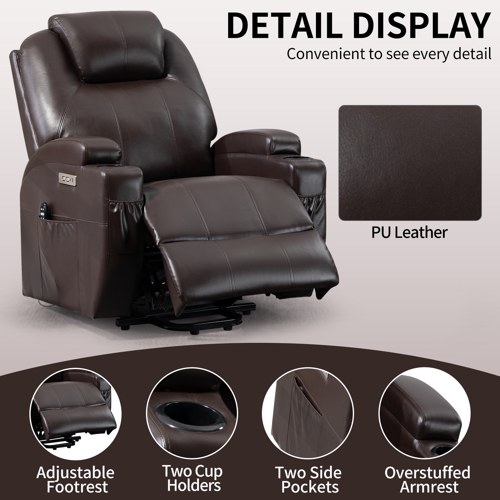 Mondawe Brown Faux Leather Upholstered Powered Reclining Recliner with ...