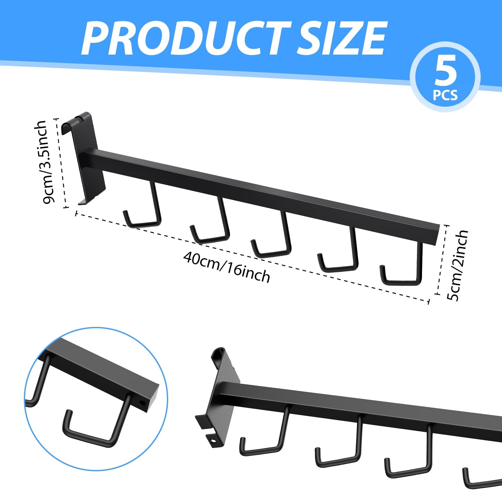 Etokfoks  15 7x40 cm Black Metal Gridwall Waterfall Faceout with 5 Hooks 5 Pack Corrosion Resistant Organizing