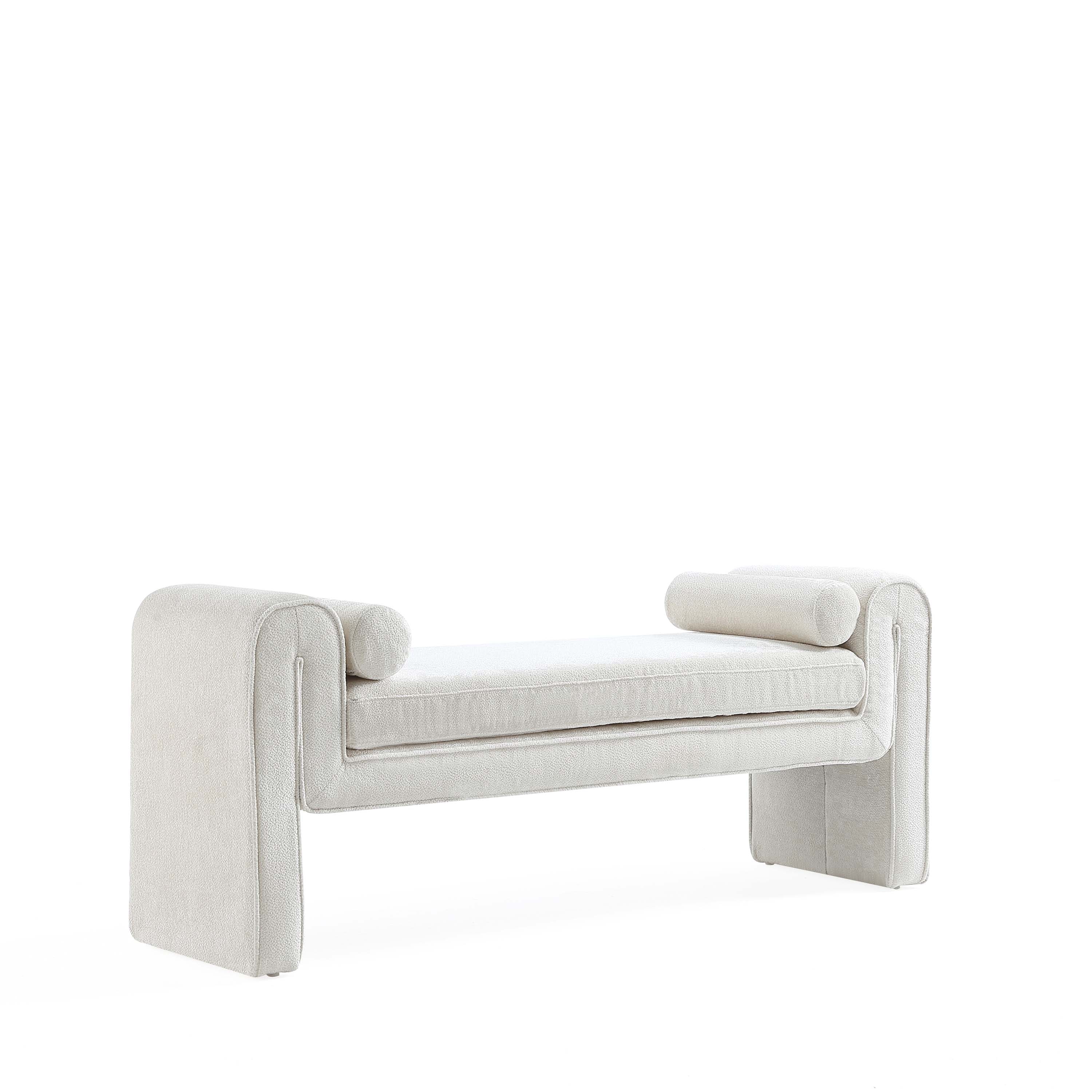 Ivory Chenille Upholstered Bench with Cylinder Pillows, 59"