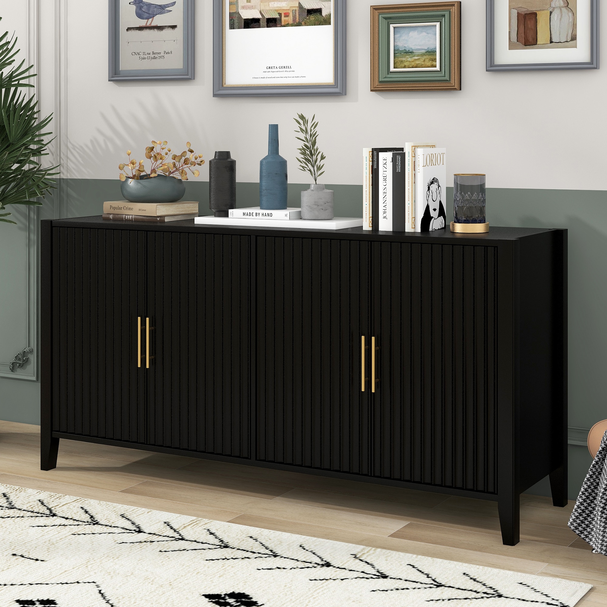 LOVMOR SF-M-WF300428AAB 63.1inch Modern 4 Vertical Wavy Slatted Doors Sideboard Storage Cabinet With Elegant Design Solid Wood Legs with Painted Metal Handles for Dining Room Black