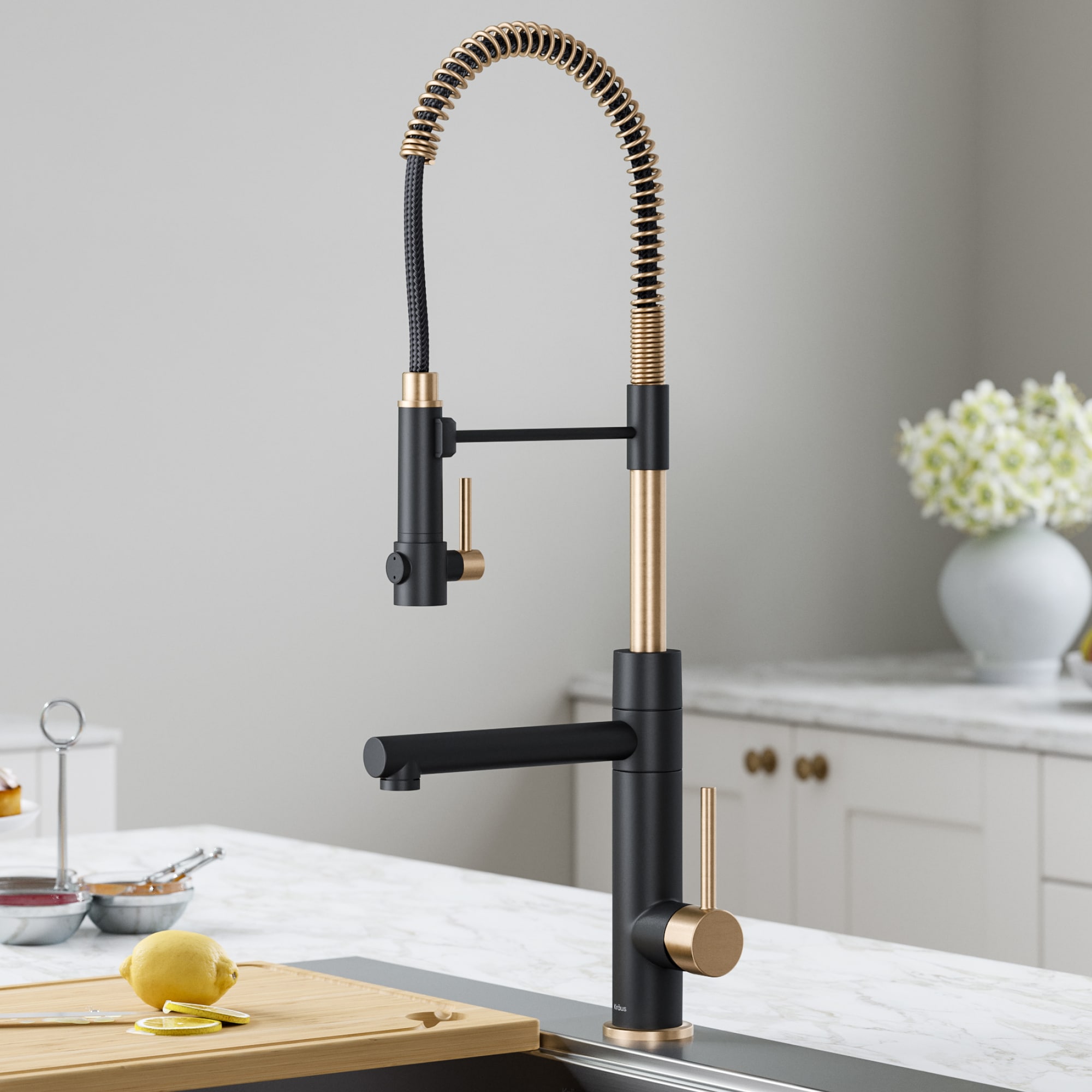 Kraus KPF-1603SFACBMB Artec Pro Spot Free Antique Champagne/Matte Black Single Handle Deck-mount Handle Commercial/Residential Pre-rinse Kitchen Faucet with Sprayer