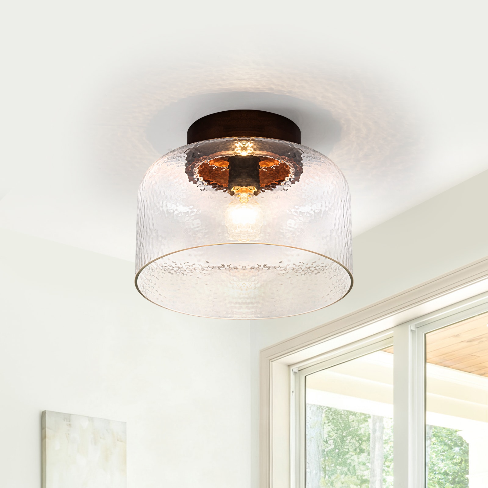 MENCOLULU Clear Artisanal Hammered Bowl Glass Shade Ceiling Lighting 11.81-in Brown Indoor 4 -Light Flush Mount Light with Clear Glass