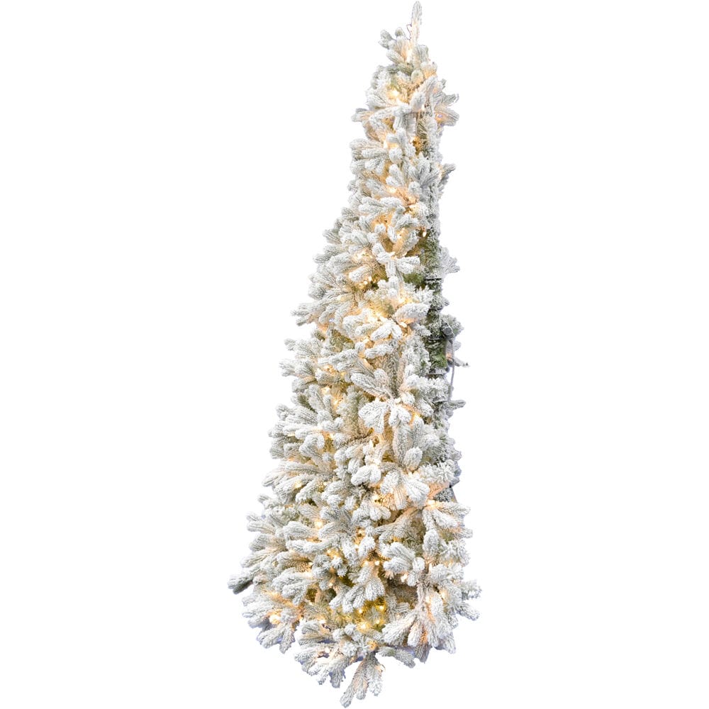 Fraser Hill Farm FFHTA075-5SN 7.5-Feet Pine Pre-lit Flat back Flocked White Artificial Christmas Tree with White LED Lights
