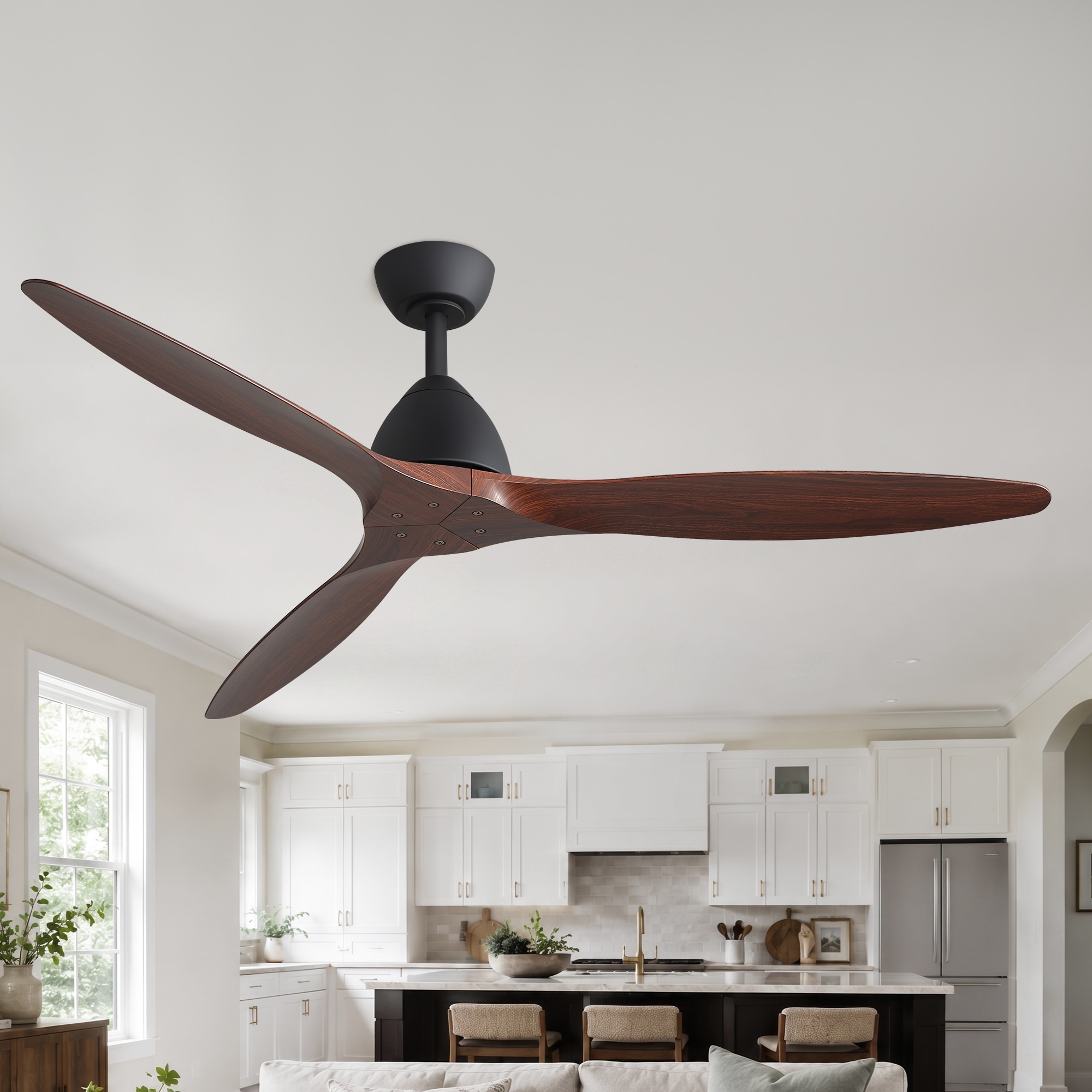 Flashwind - 56-in Matte Black with Double-Sided Wood Grain ABS Blades Indoor Downrod Mount Ceilin...