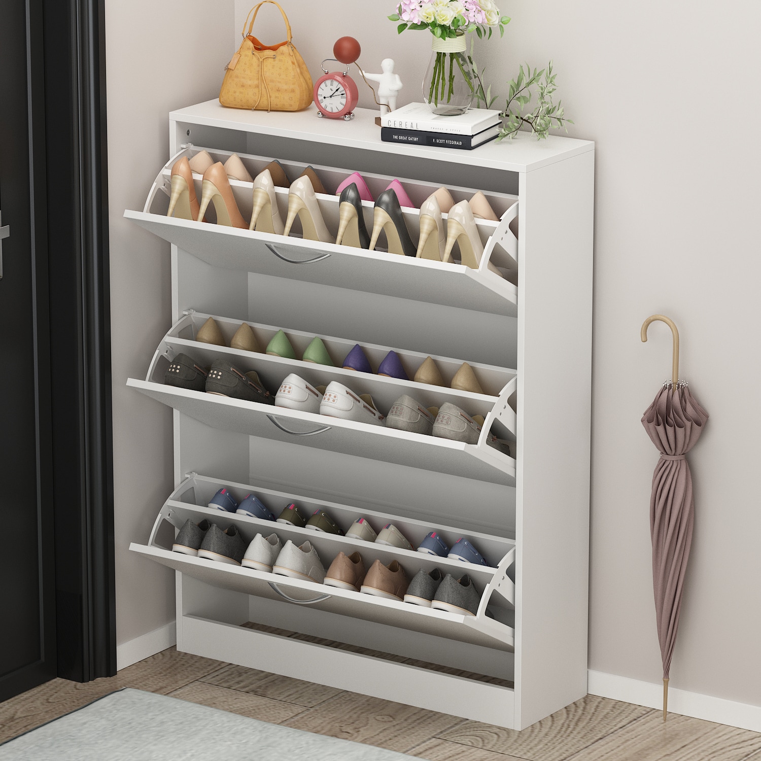 FUFU&GAGA 49-in H 3 Tier 20 Pair White Composite Shoe Cabinet in