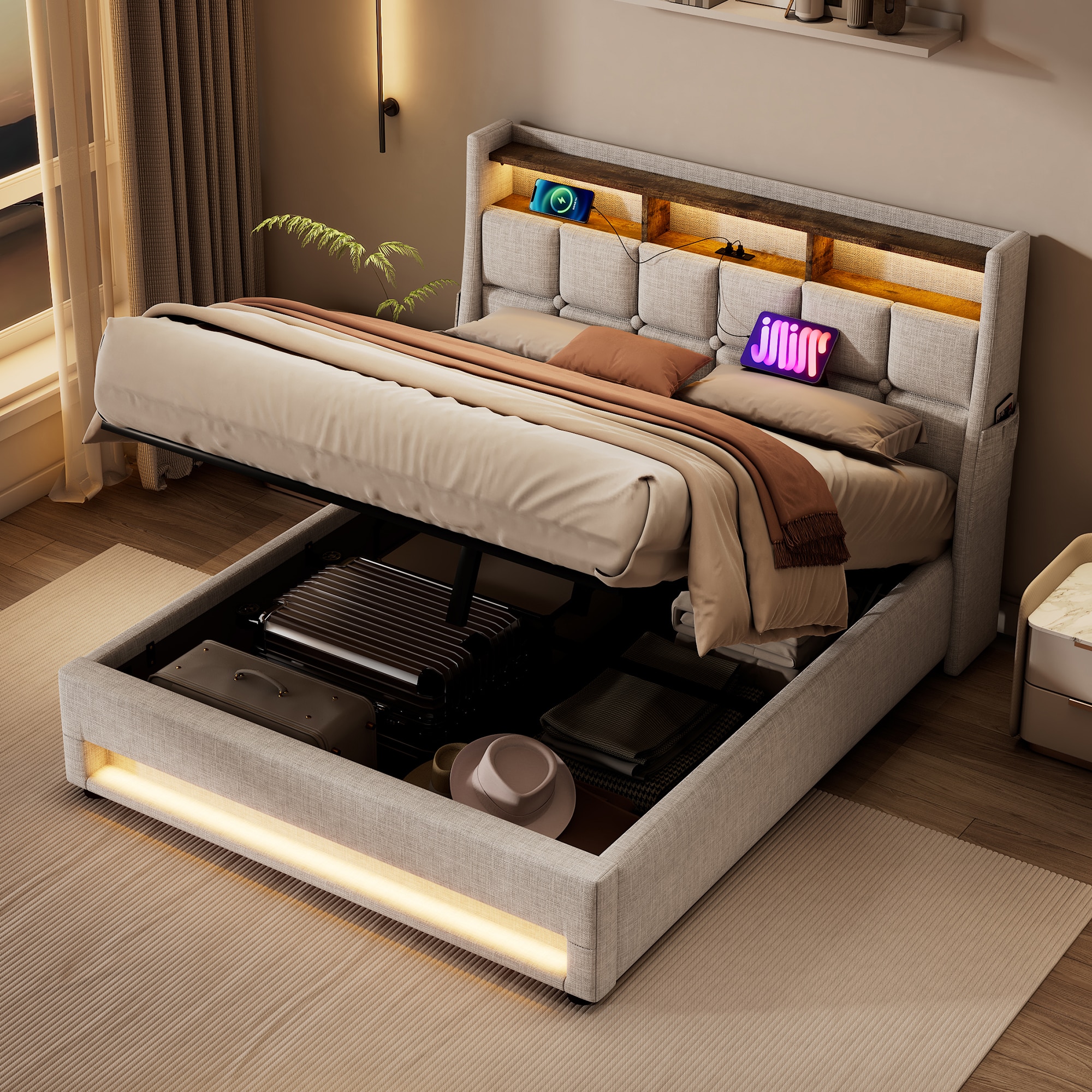 SINOFURN SYC470006BG Beige Queen Upholstered Bed frame Bed with Storage
