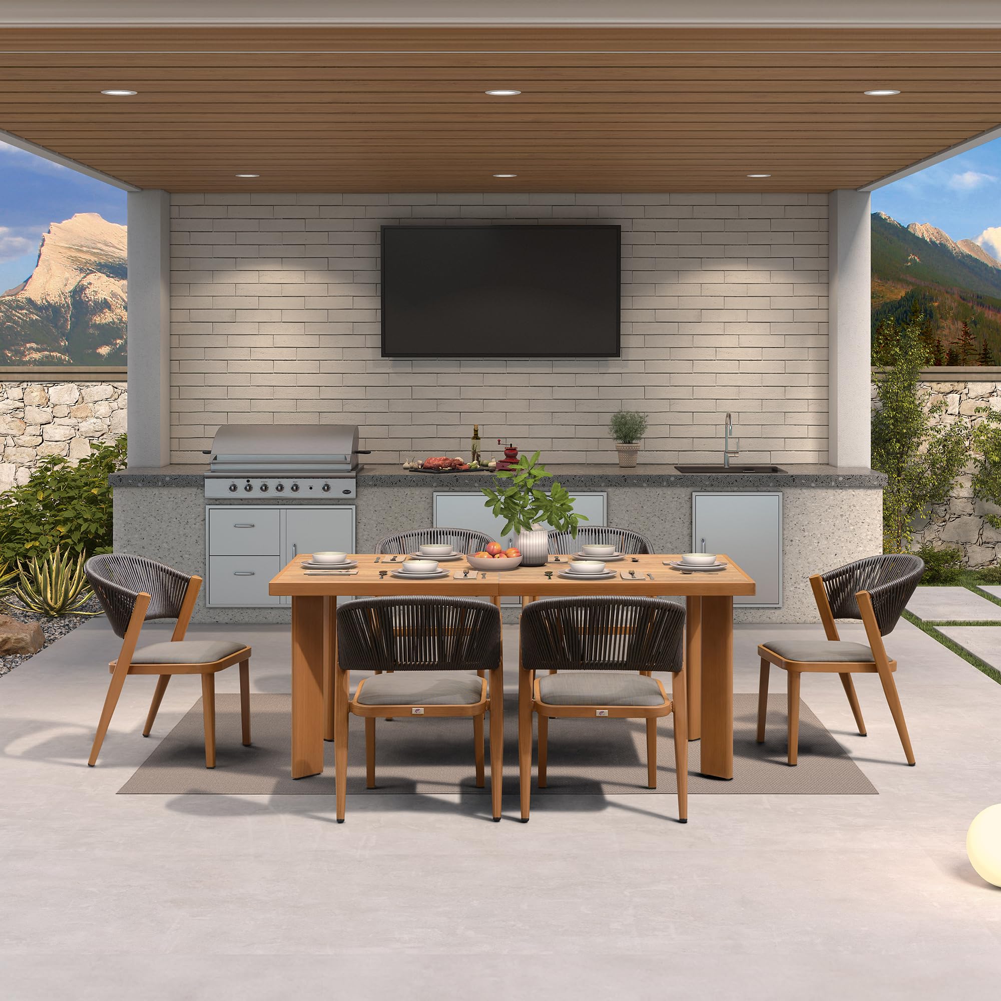 PURPLE LEAF LS04-DSMZ09-AW-200 7 -Piece 7 pieces Rattan Patio Dining Set Extendable Table Aluminum Rectangle Table with 6 Gray Cushions Stationary Chairs