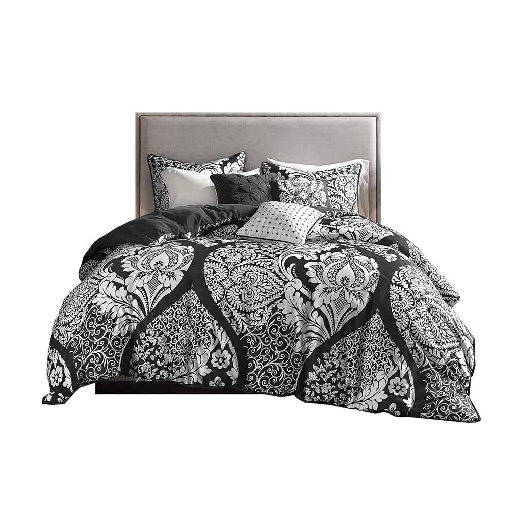Vynxaria LEXY1516-DJWS-CP283 Multicolor Black Transitional Intricate Damask 200TC Cotton Sateen with Polyester Fill King Cal King 6 Piece Printed Duvet Cover Set Blanket