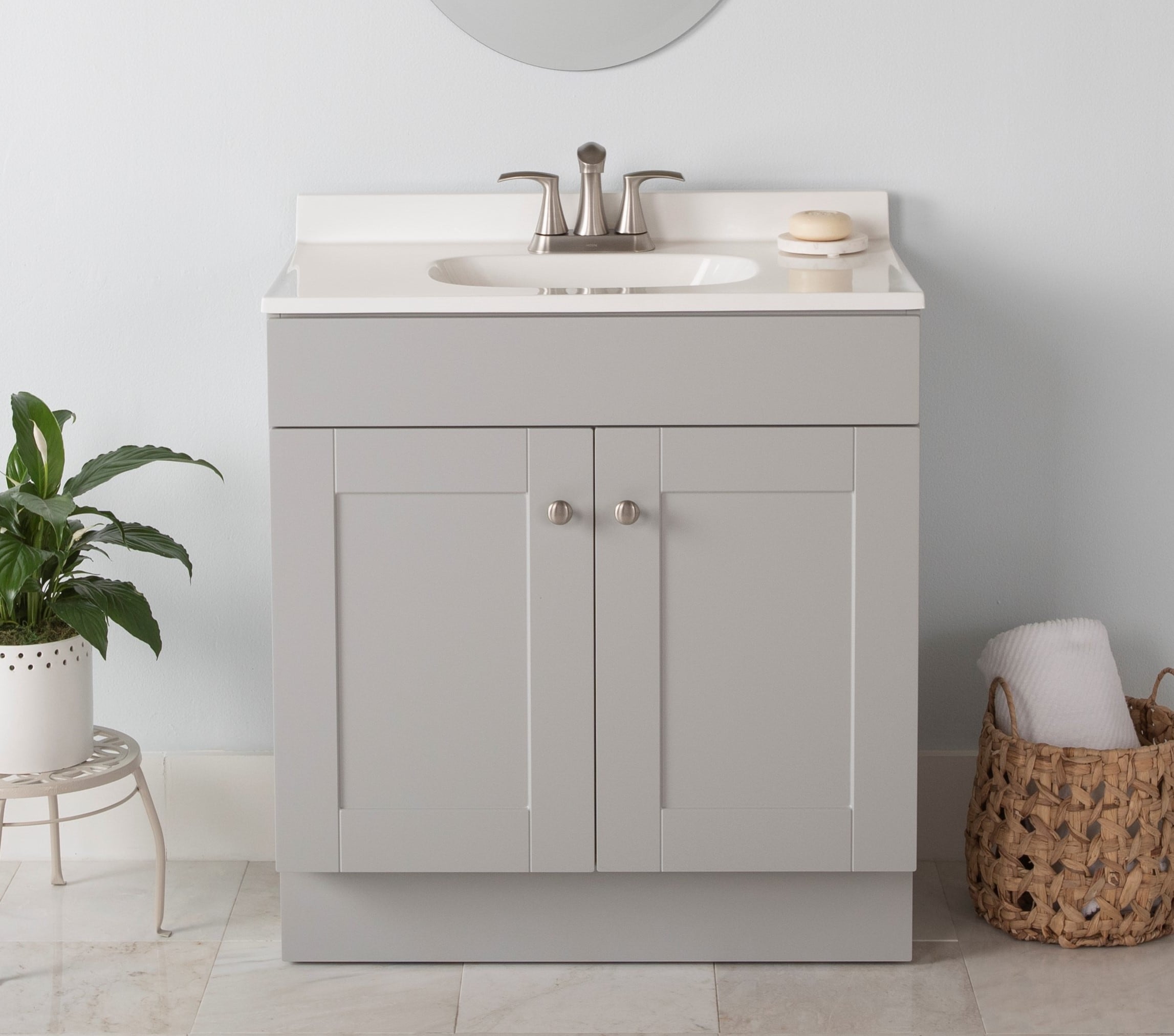 Project Source 30-in Gray Single Sink Bathroom Vanity with White Cultured  Marble Top in the Bathroom Vanities with Tops department at