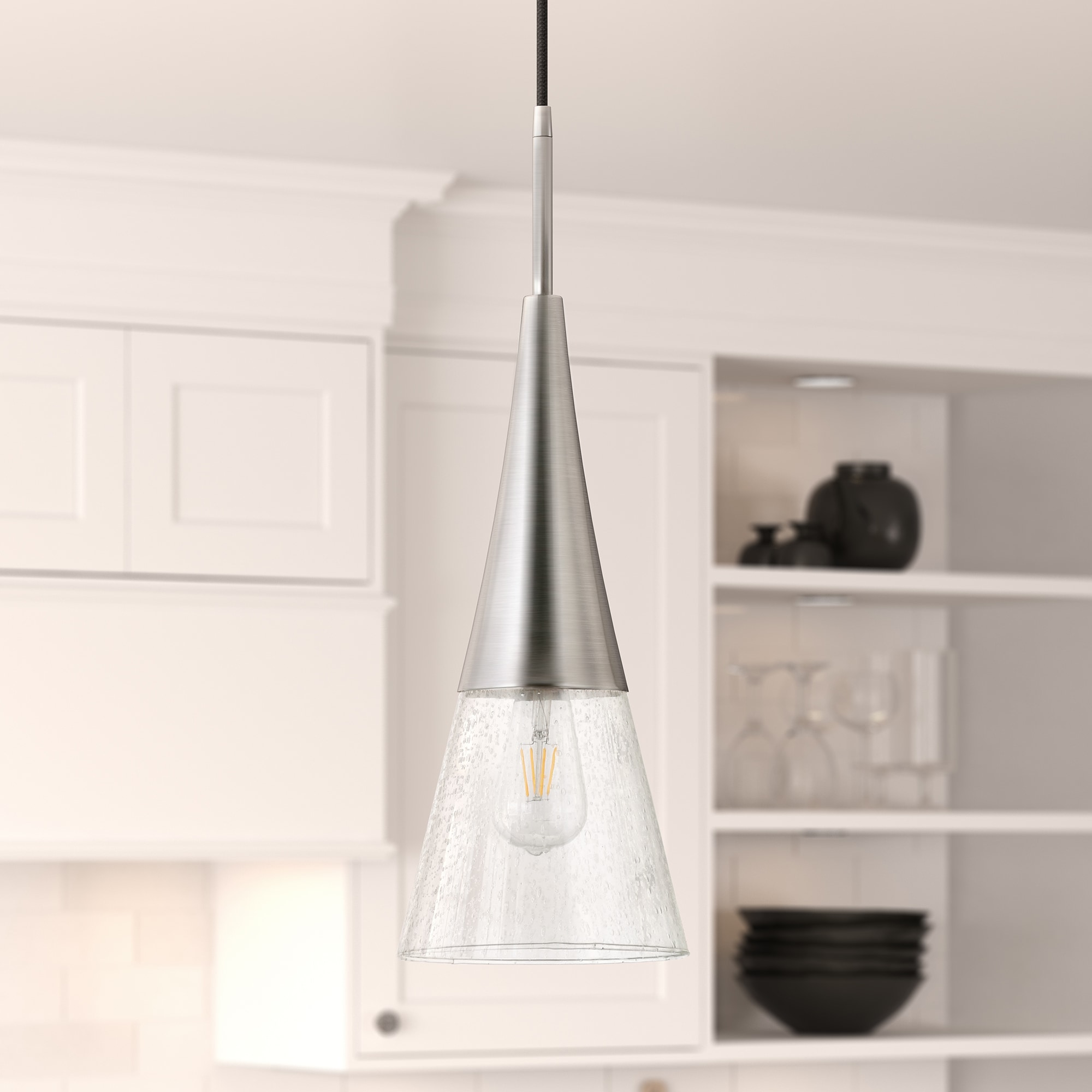 Hailey Home PD0757 Myra Brushed nickel Transitional Seeded glass Drum Medium Hanging Pendant light