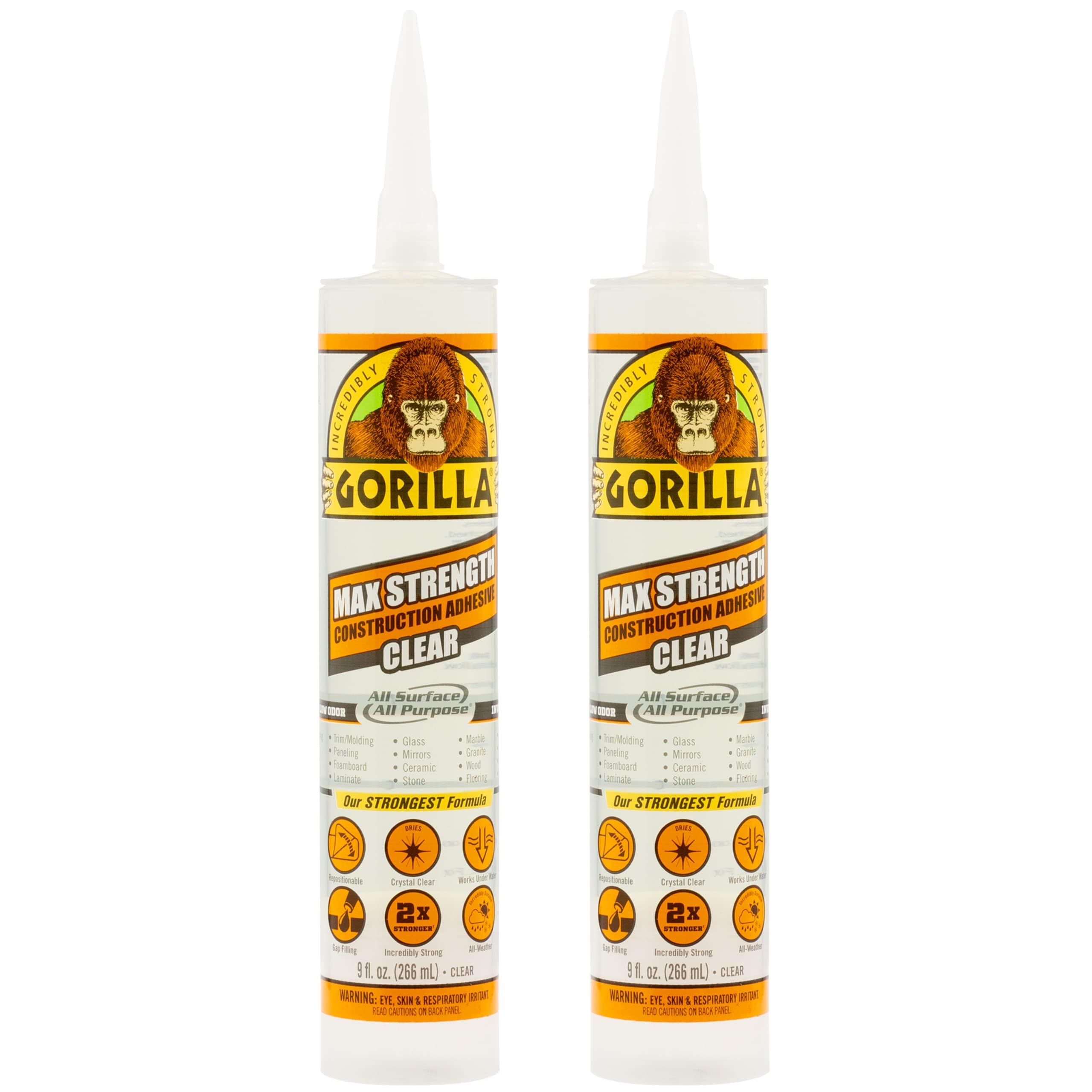 Gorilla  Max Strength Construction Adhesive Clear Waterproof Glue 9 Ounce Cartridge 2 Pack