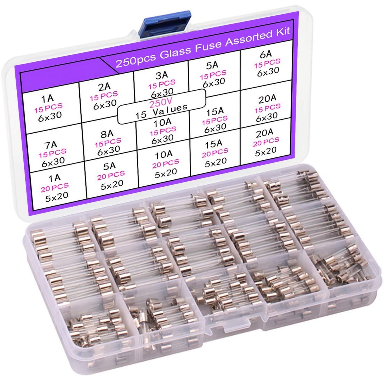 OGETFUUR 250 Pcs 15 Values Fast-blow Glass Fuse Kit 5x20mm 6x30mm 250V 1-20A Fuse Kit for Electronics Appliance Equipment with Storage Case