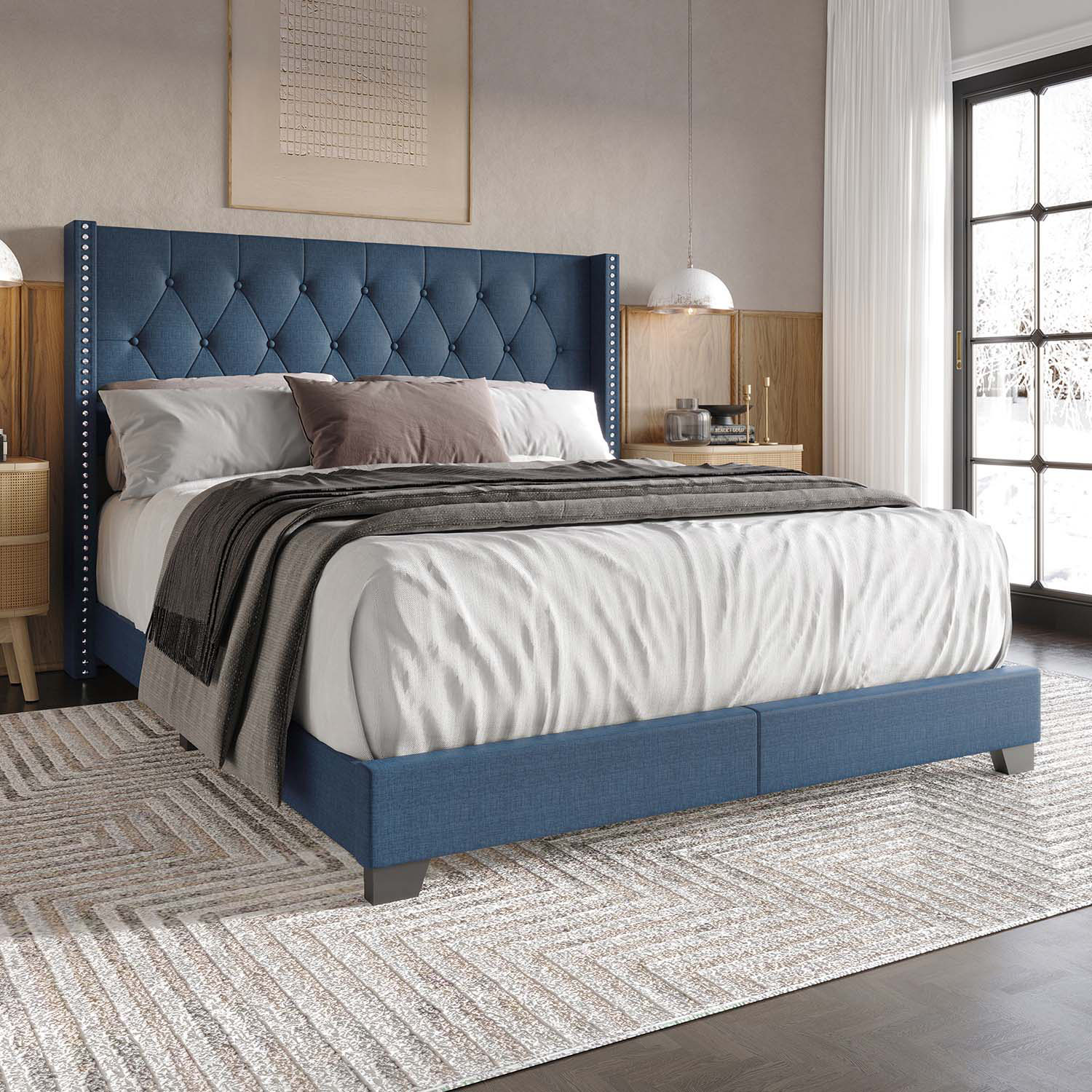 CasePiece C8403TUB-BL-LN Blue Twin Wood Upholstered Bed