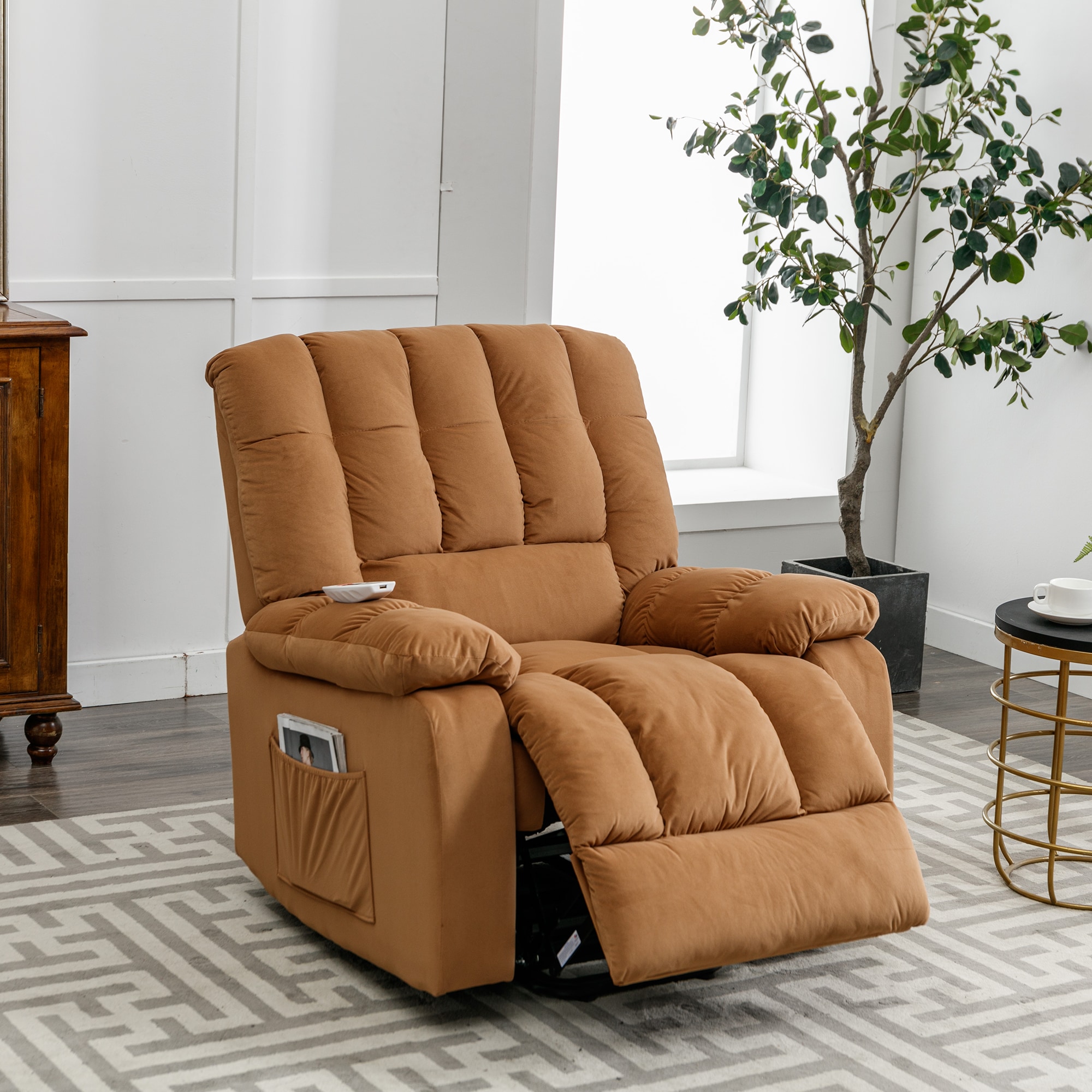 Nestfair RC0920D Recliners Light Brown Velvet Upholstered Powered Reclining Recliner with Lift Assistance